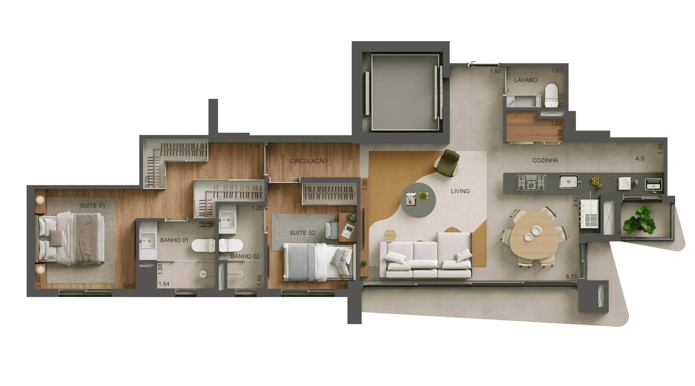 Planta — Apartamento 2 Suítes — Final 1 — Pavimento inferior