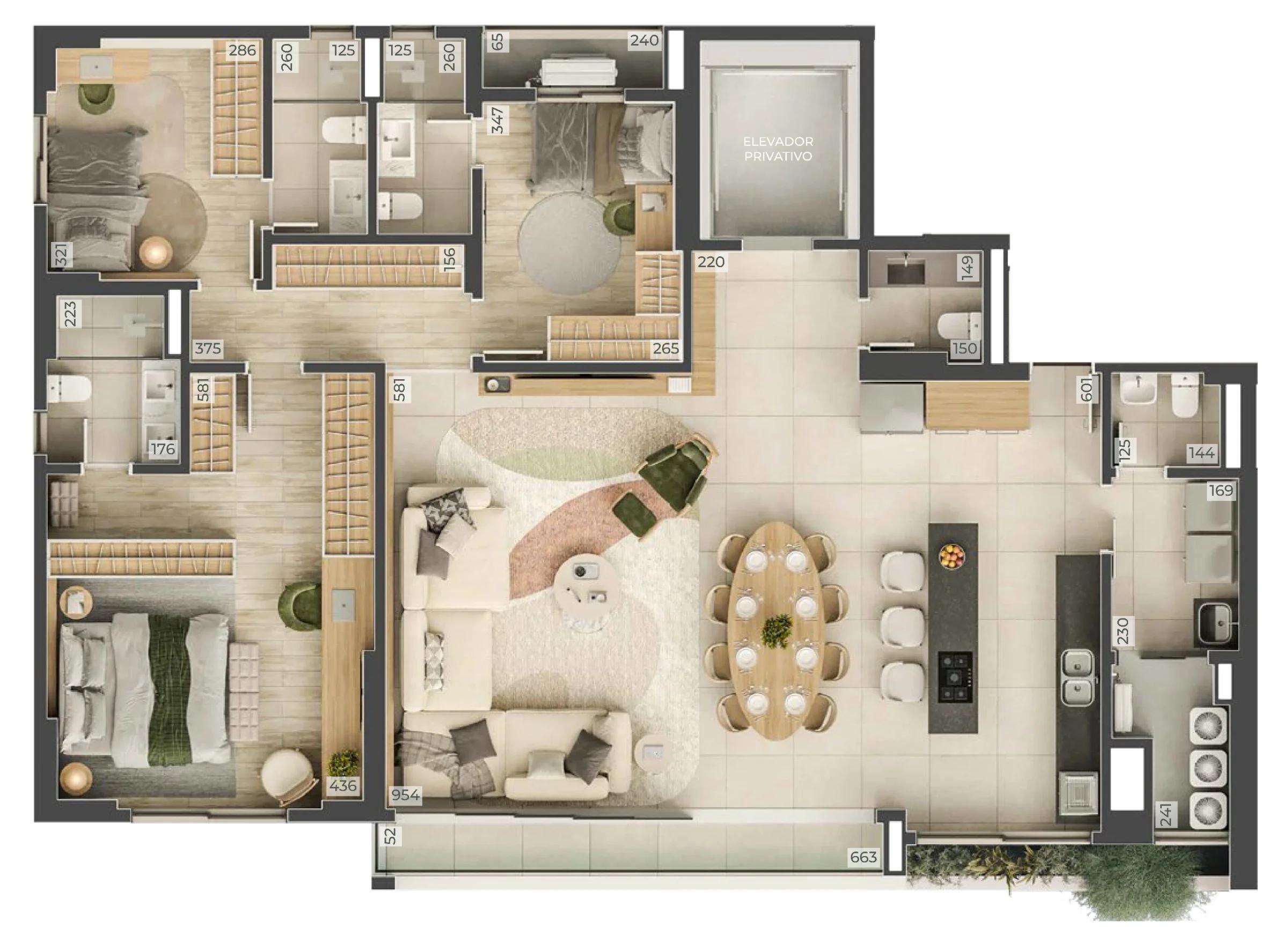 Planta — Apartamento Tipo 1 — 151 m² — Pavimento inferior