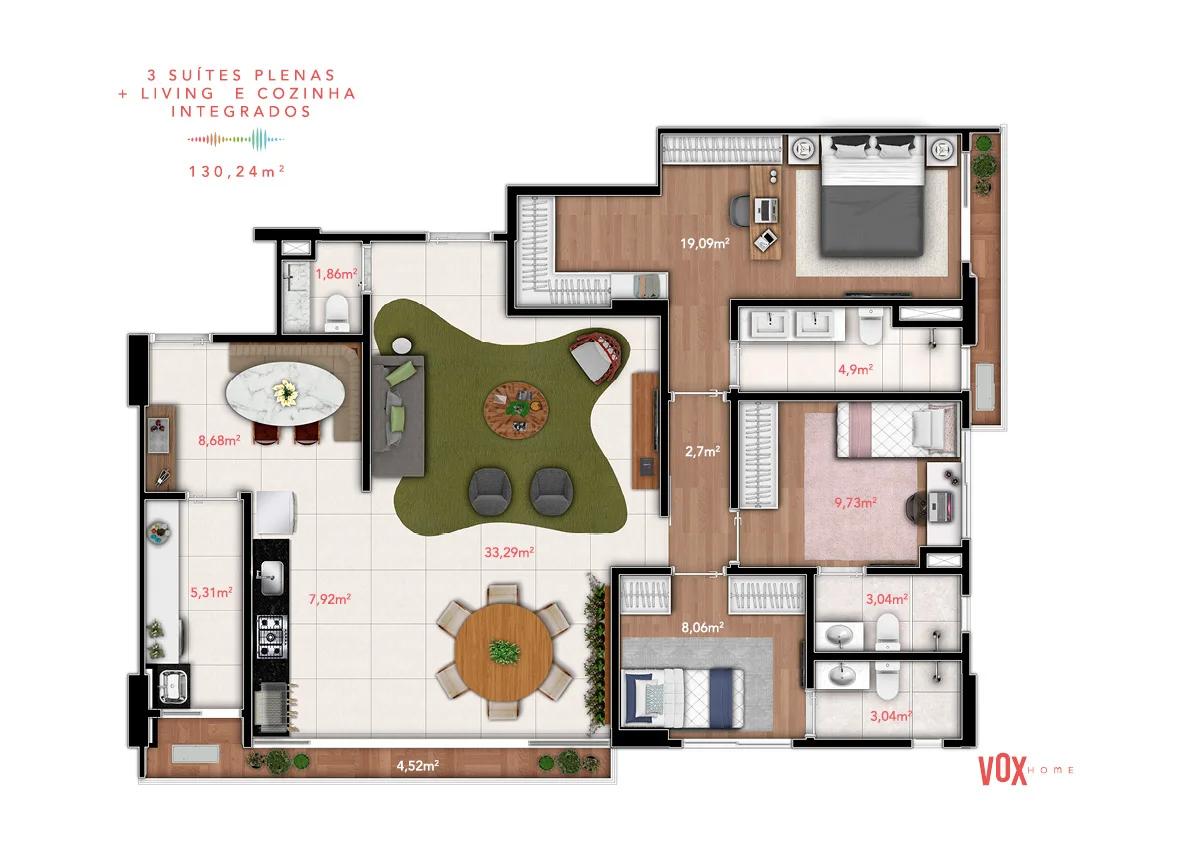 Planta — 3 Suítes Plenas — 130 m² — Pavimento inferior