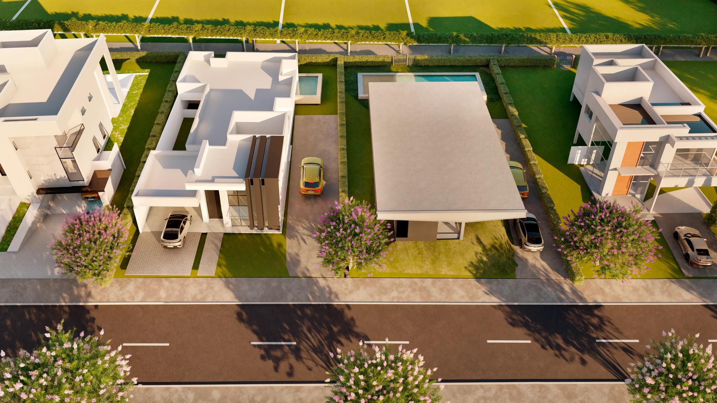 Perspectiva frontal das casas com arquitetura moderna, garagens e paisagismo