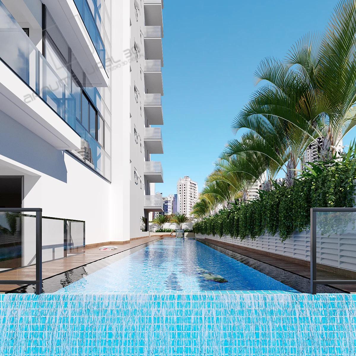 Piscina com raia, borda infinita e deck de madeira diurno