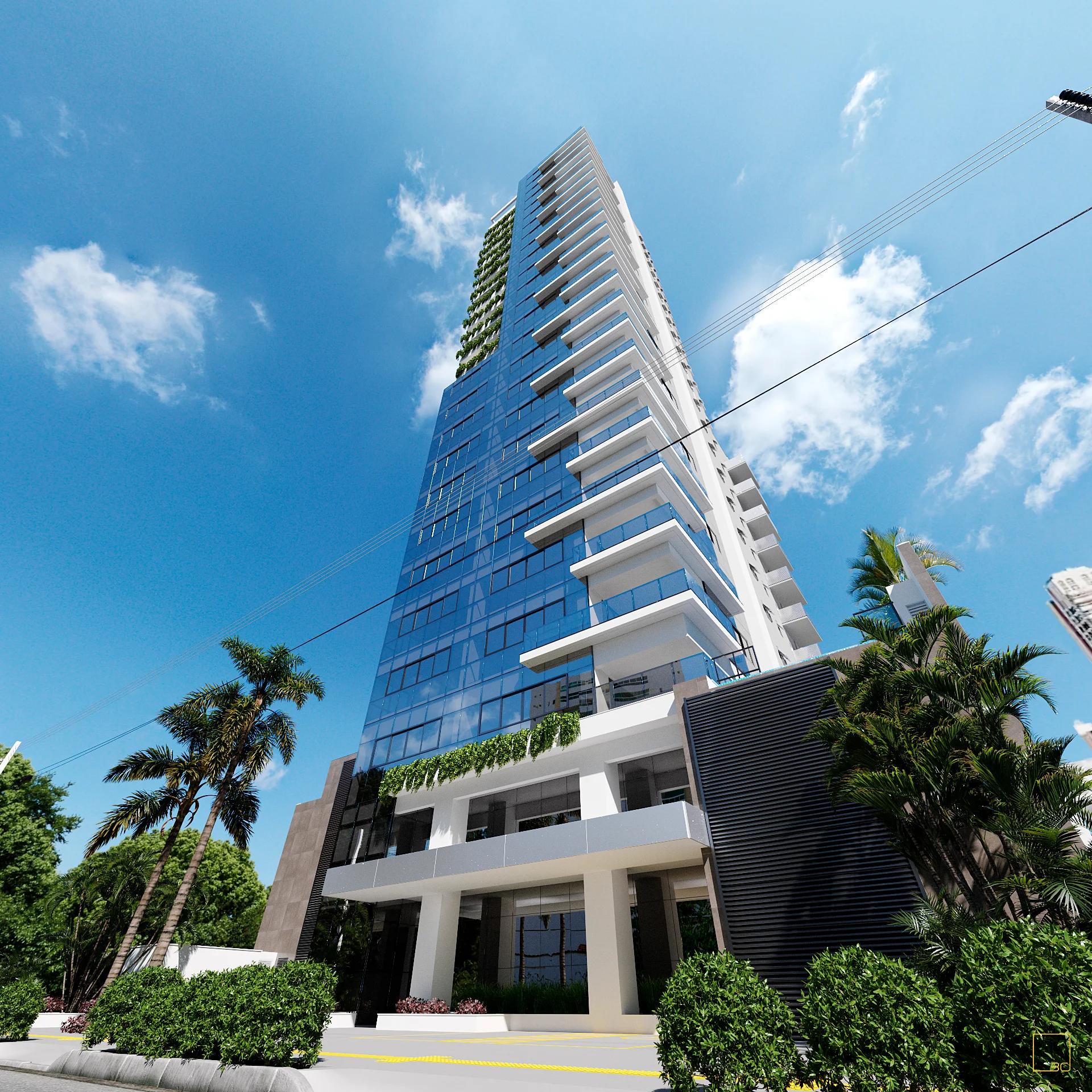 Fachada do edifício vista de baixo para cima com destaque para a torre envidraçada