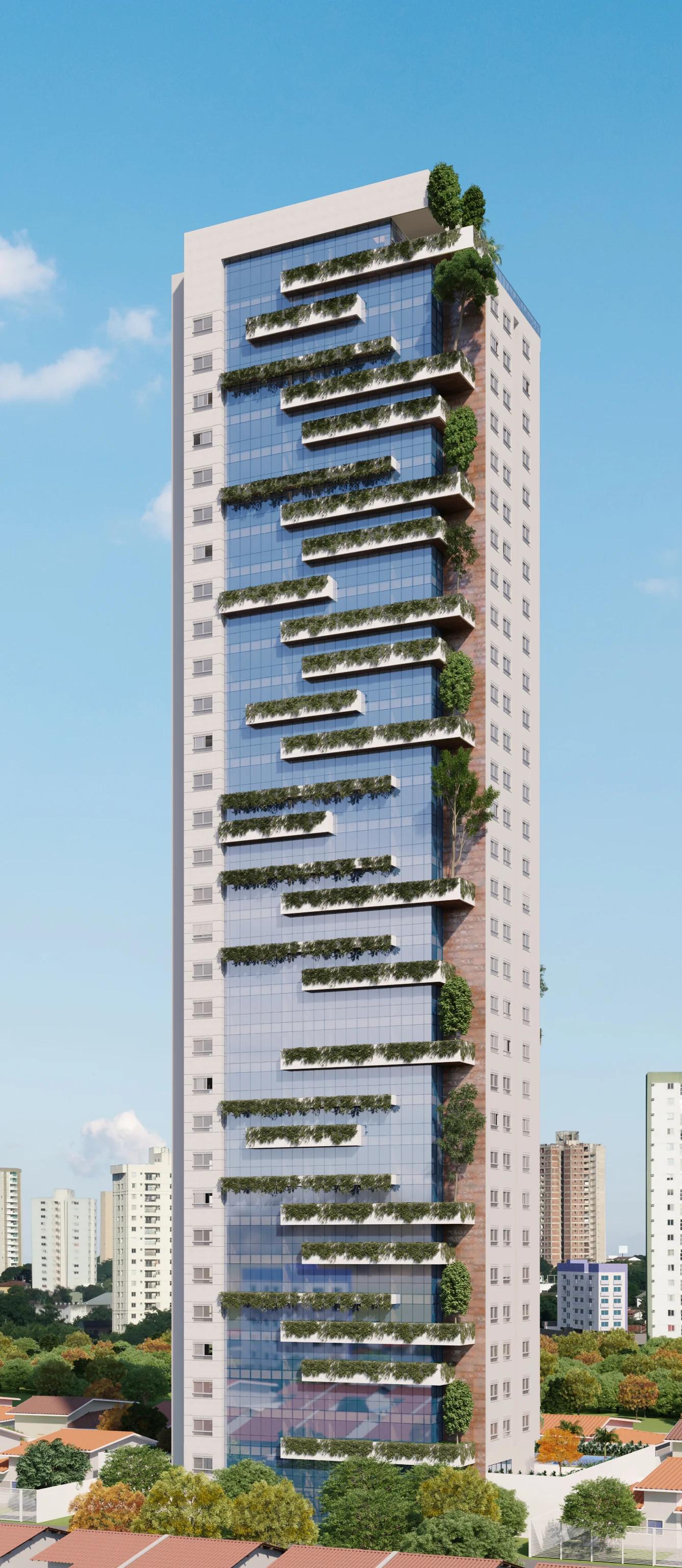 Perspectiva da fachada frontal da torre residencial com varandas verdes desencontradas