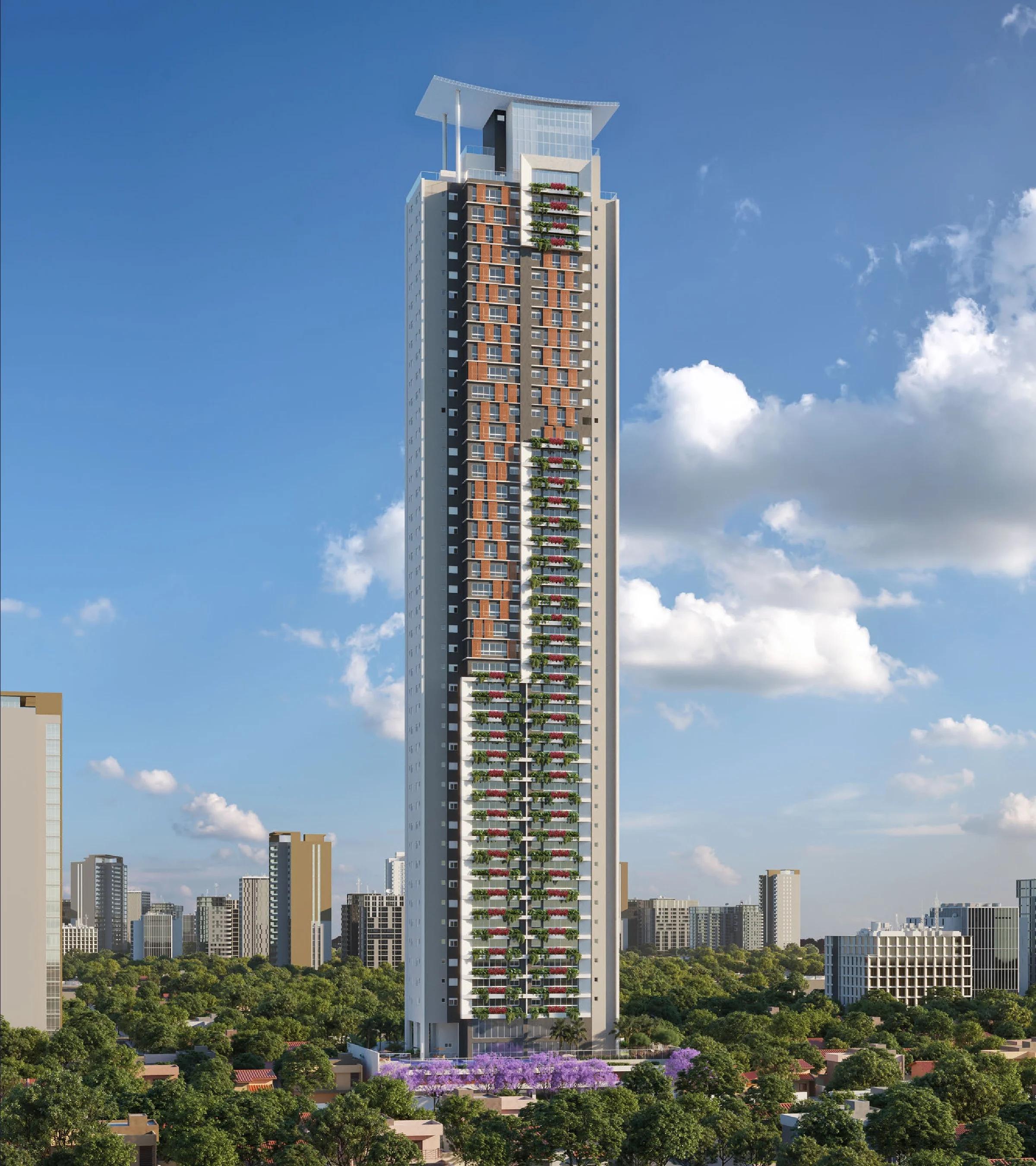 Fachada completa do edifício em perspectiva 3D diurna com céu azul e vegetação nas varandas