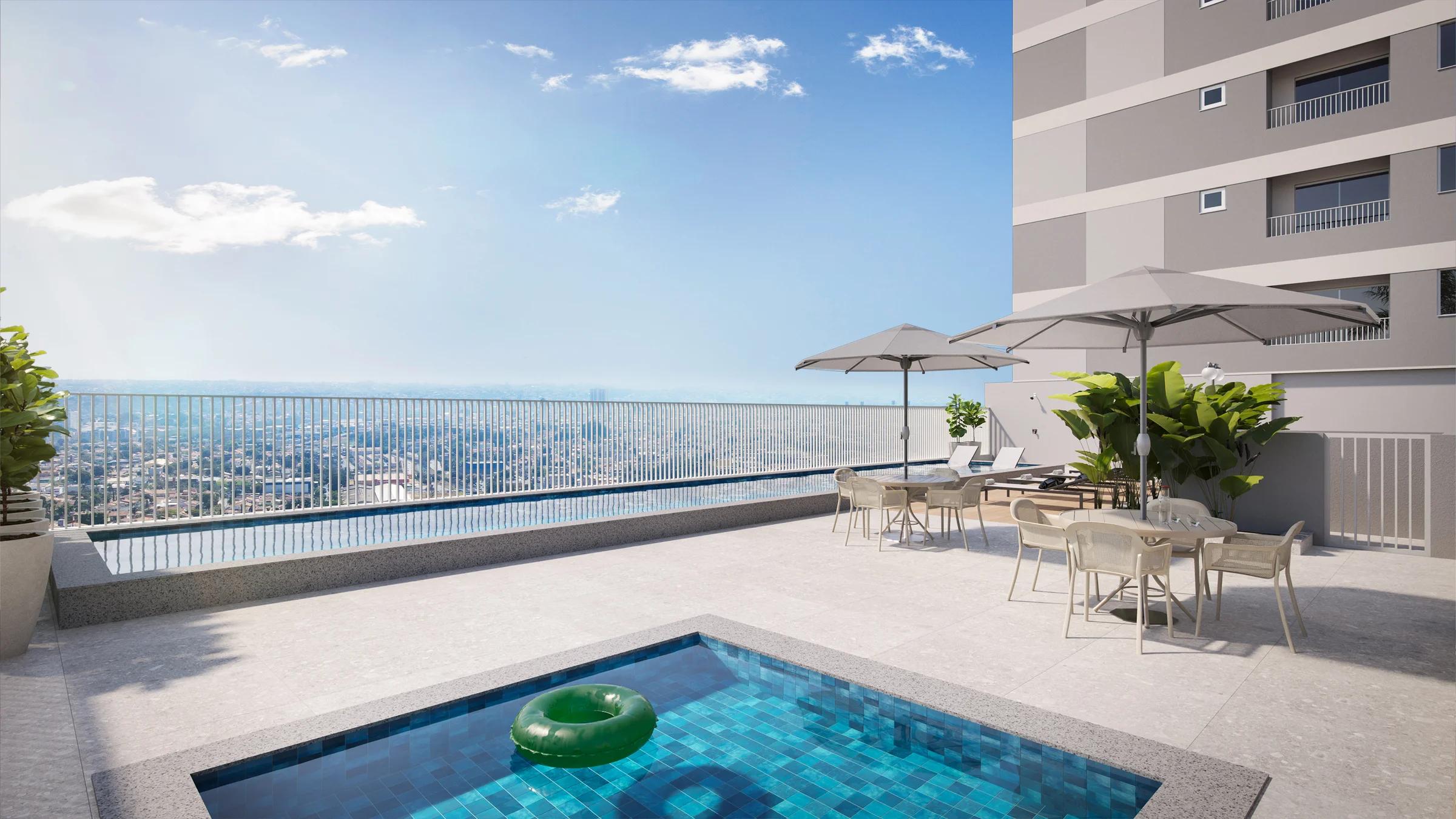 Deck da piscina adulto e infantil com vista panorâmica da cidade