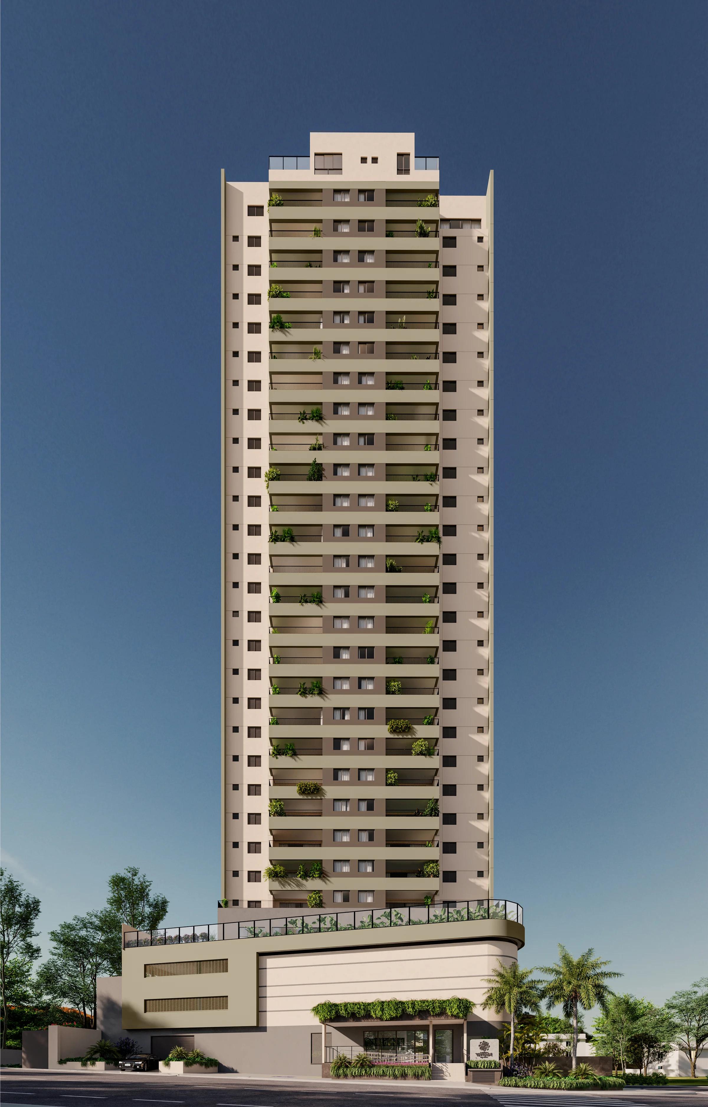 Perspectiva frontal da fachada do edifício residencial com sacadas e embasamento