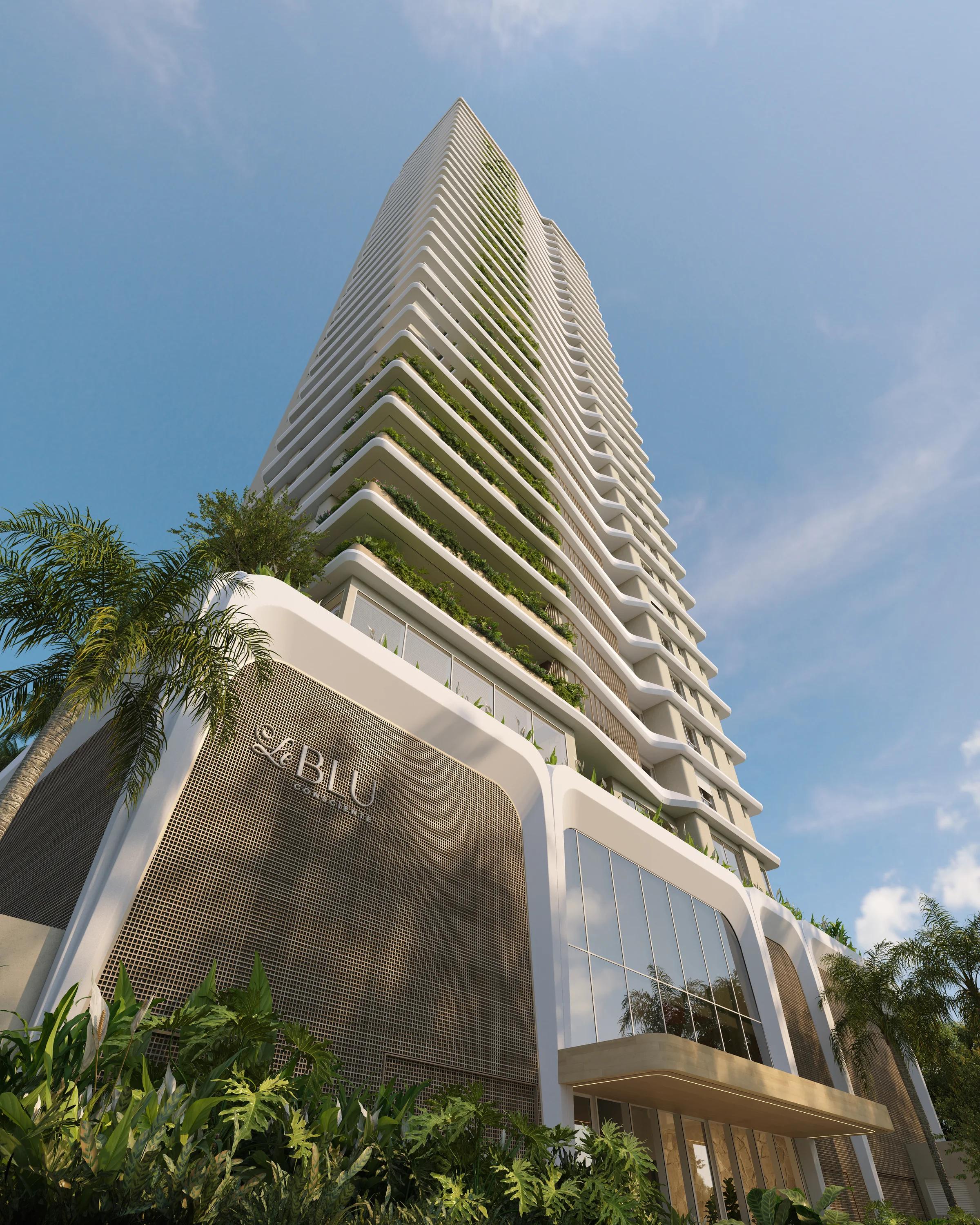 Fachada completa da torre residencial com arquitetura orgânica e paisagismo no térreo em formato vertical