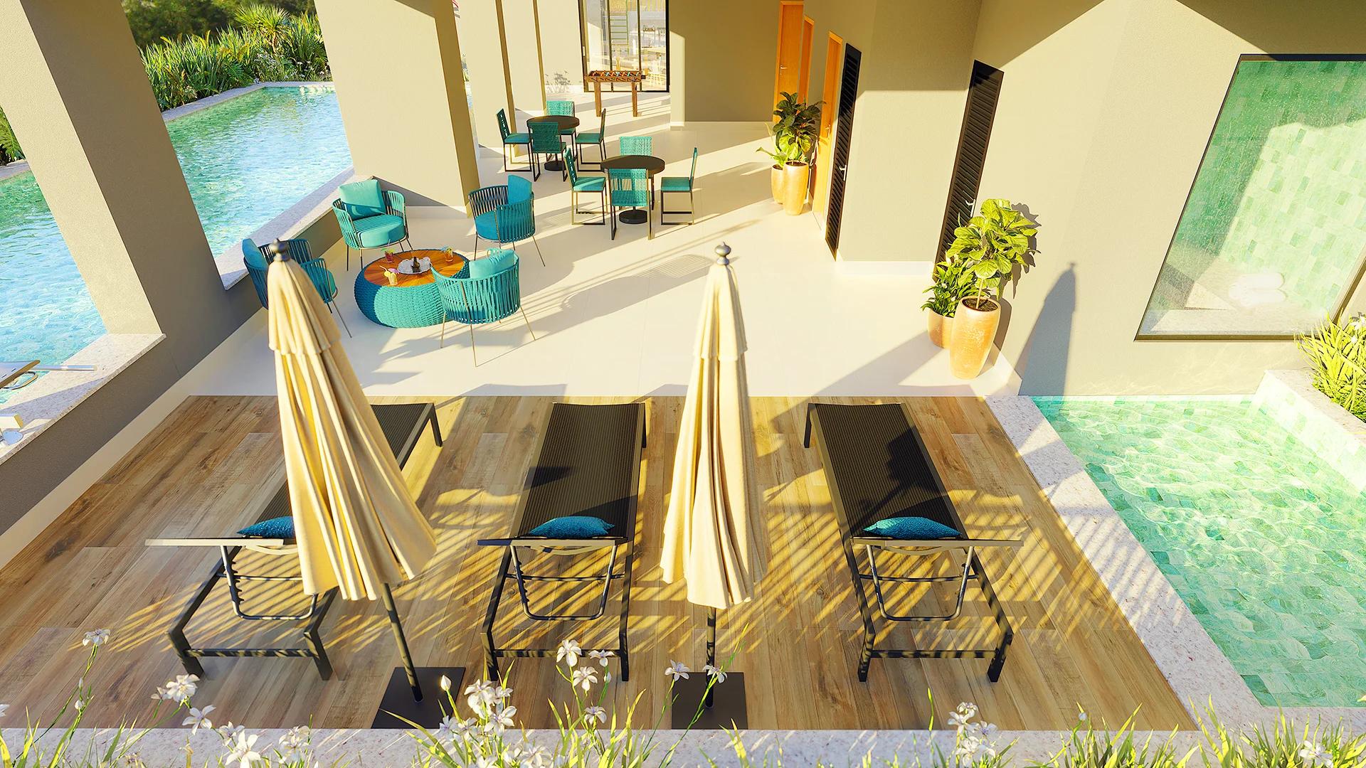 Piscina infantil com espreguiçadeiras e guarda-sóis
