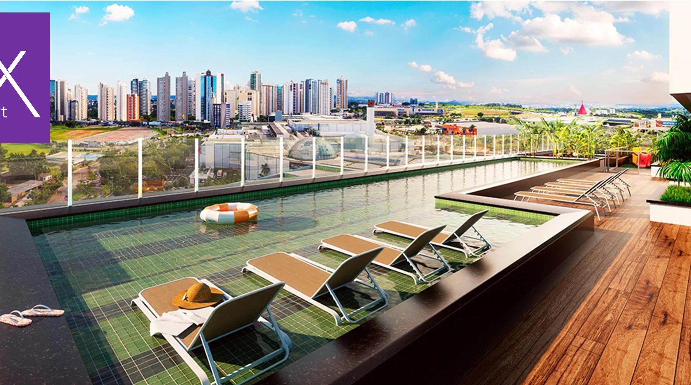 Perspectiva 3D da piscina no rooftop com deck de madeira e vista panorâmica
