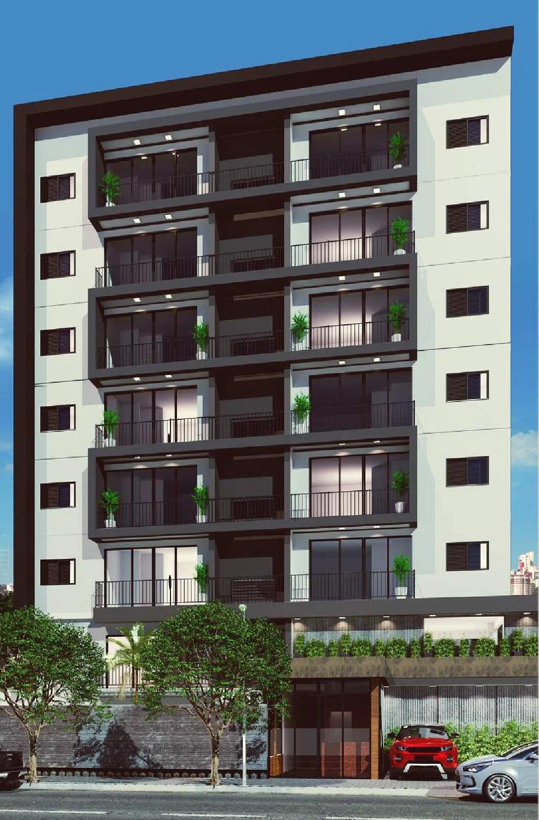 Fachada do edifício residencial em perspectiva vertical com varandas e térreo com vegetação