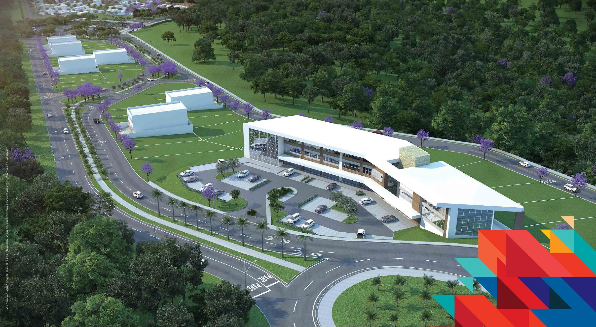 Fachada do centro comercial e de serviços anexo ao empreendimento