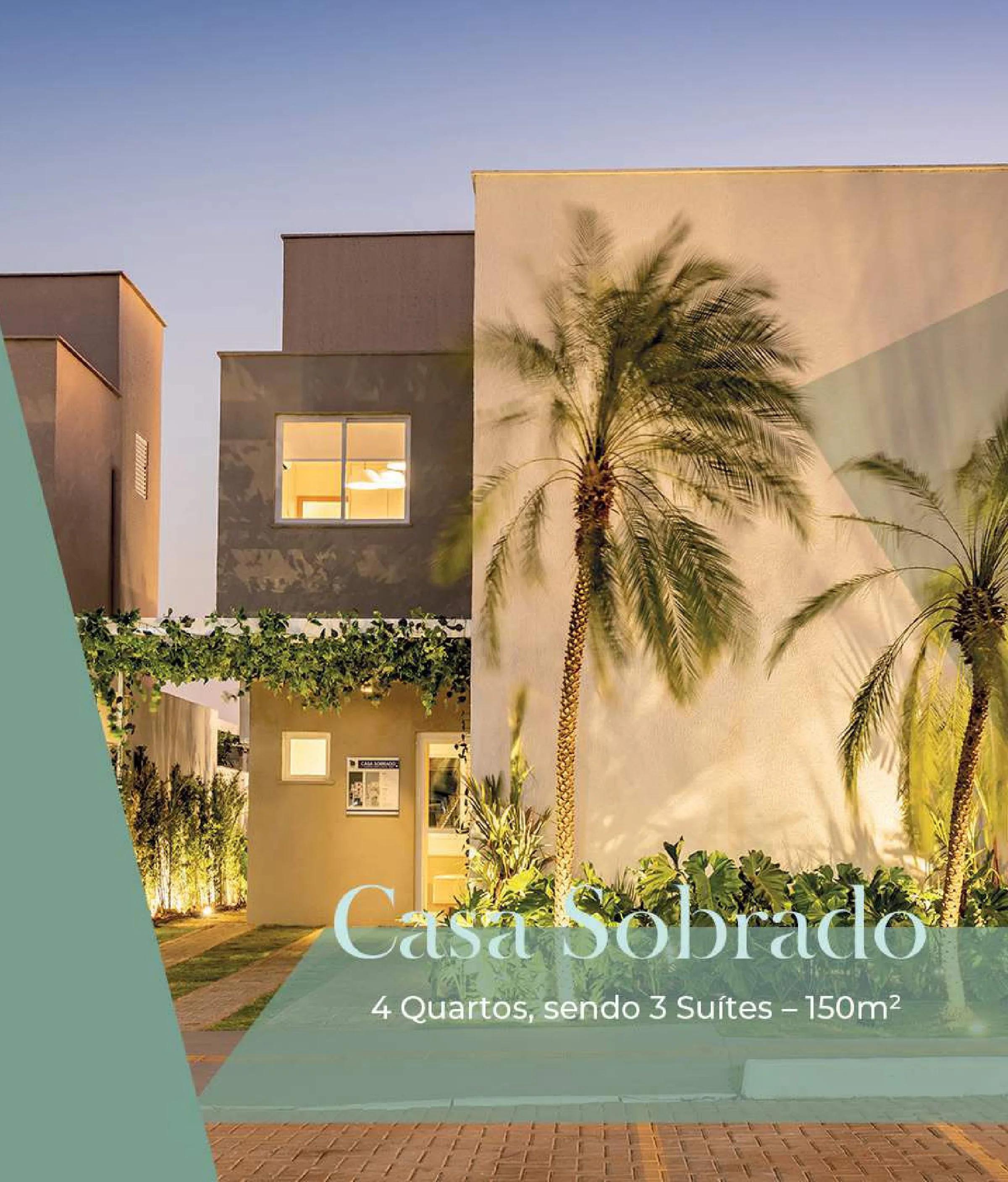 Fachada do sobrado de 4 quartos com iluminação cênica, pergolado e jardim