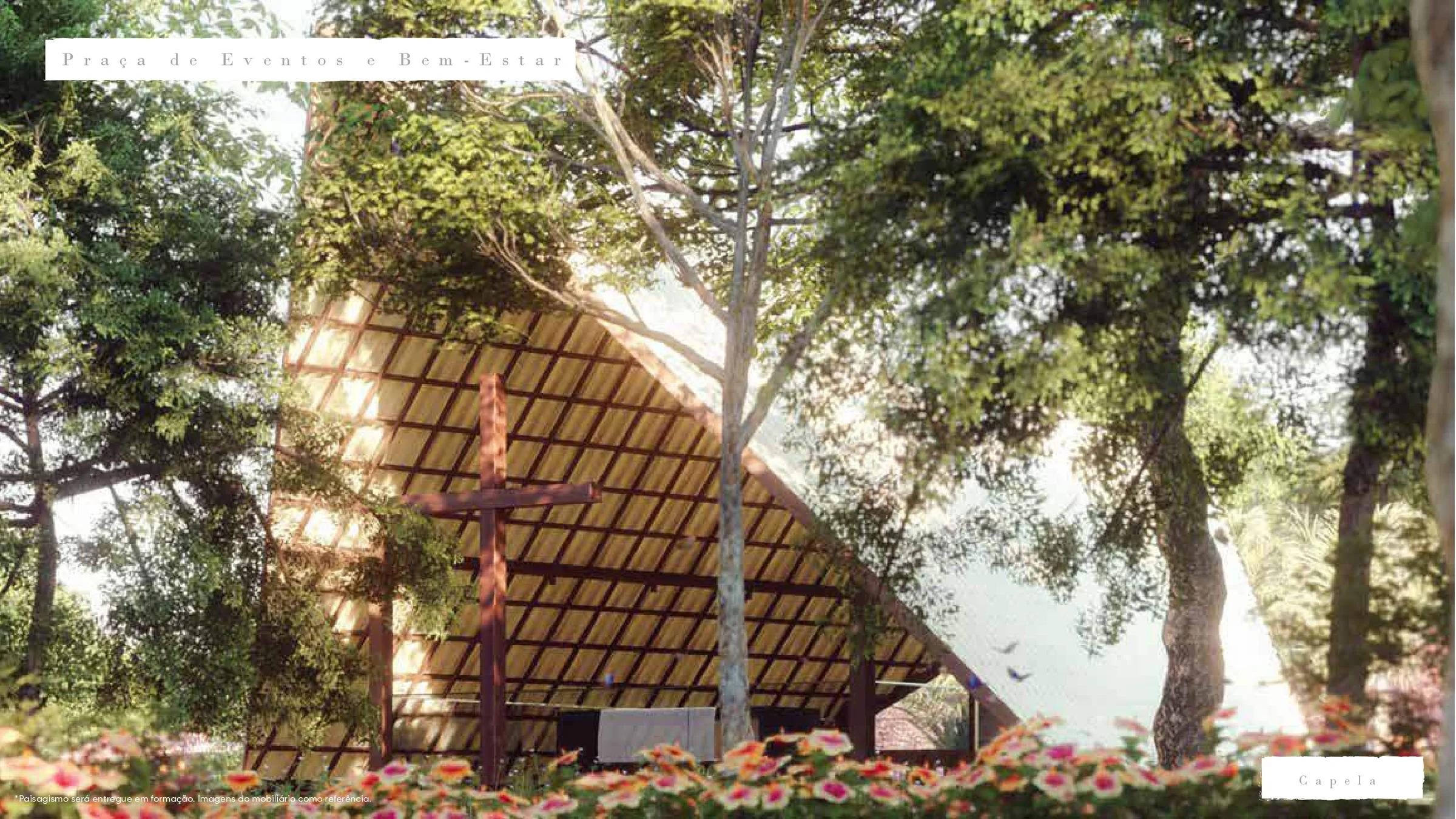 Perspectiva da capela ecumênica com estrutura de madeira em meio à praça arborizada