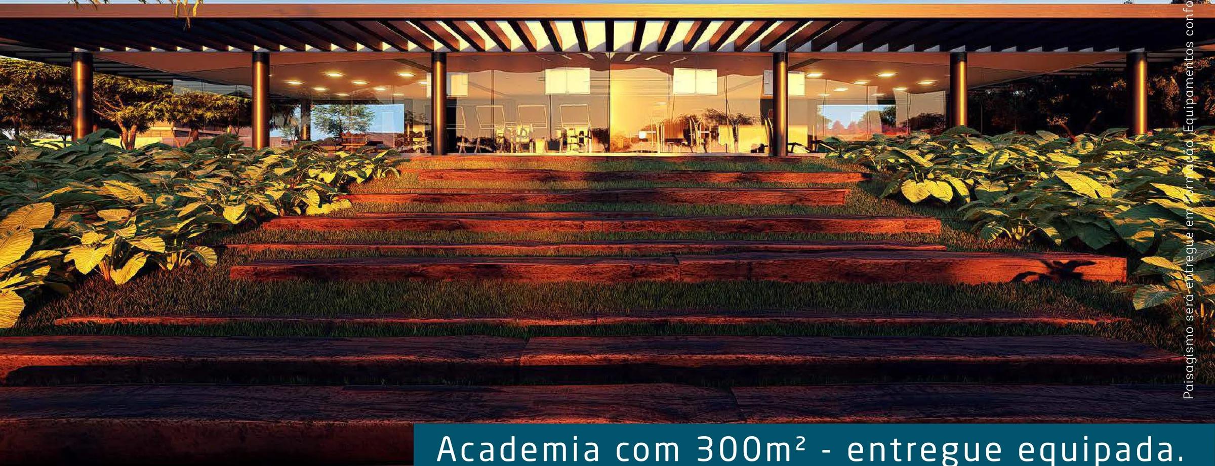 Fachada do edifício da academia com escadaria de madeira e paisagismo
