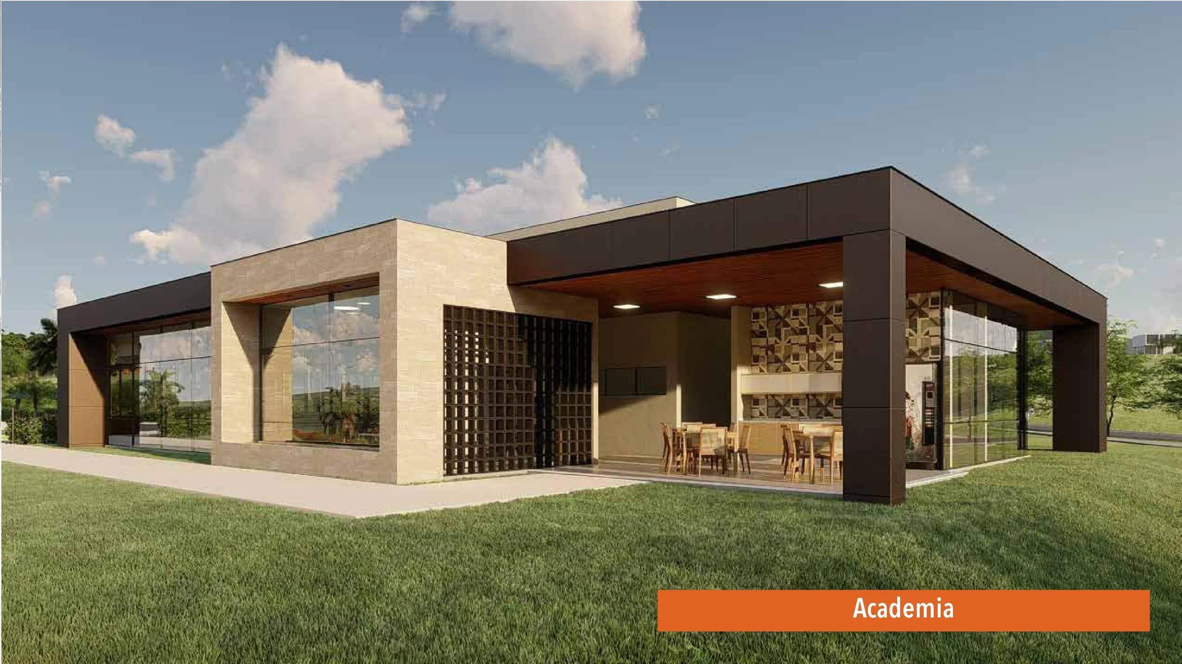 Fachada externa do edifício da academia e clube social com área gourmet integrada