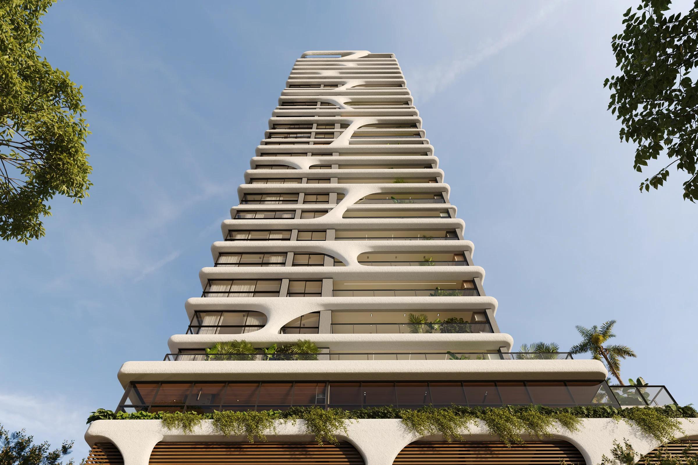 Fachada frontal da torre com curvas orgânicas vista de baixo para cima