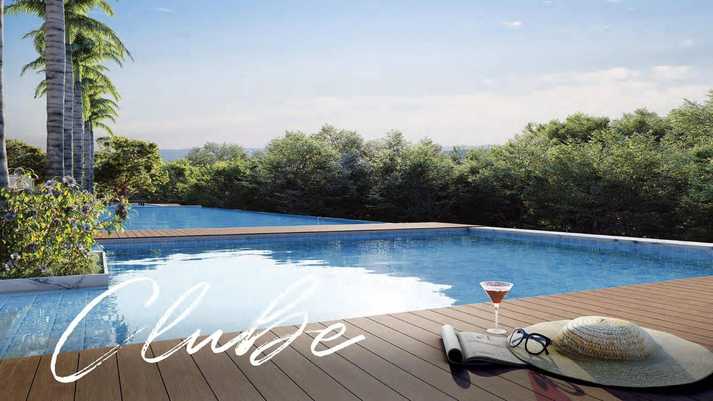 Piscina de borda infinita com deck de madeira e vista para a mata