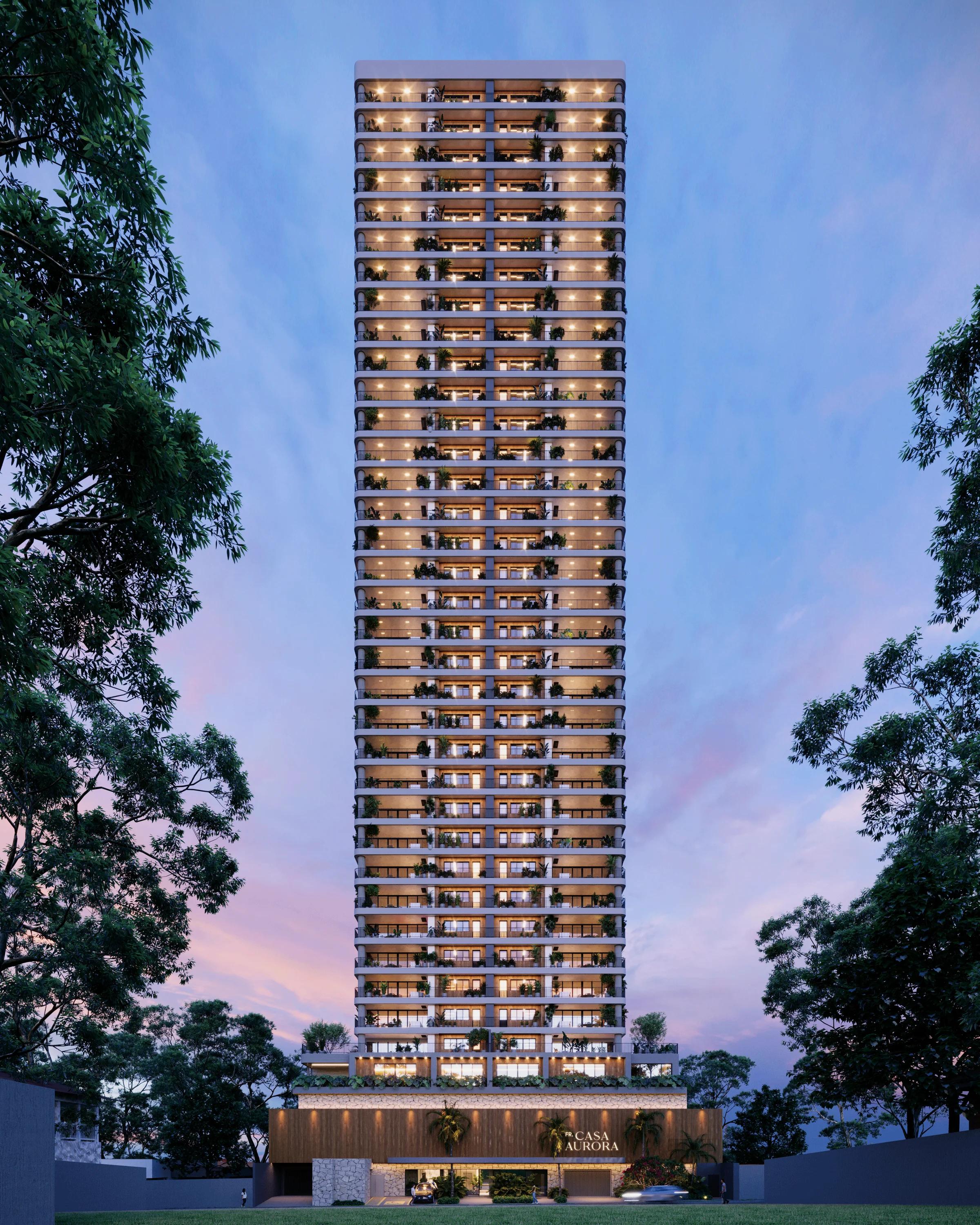 Fachada frontal completa da torre residencial FR Casa Aurora ao entardecer