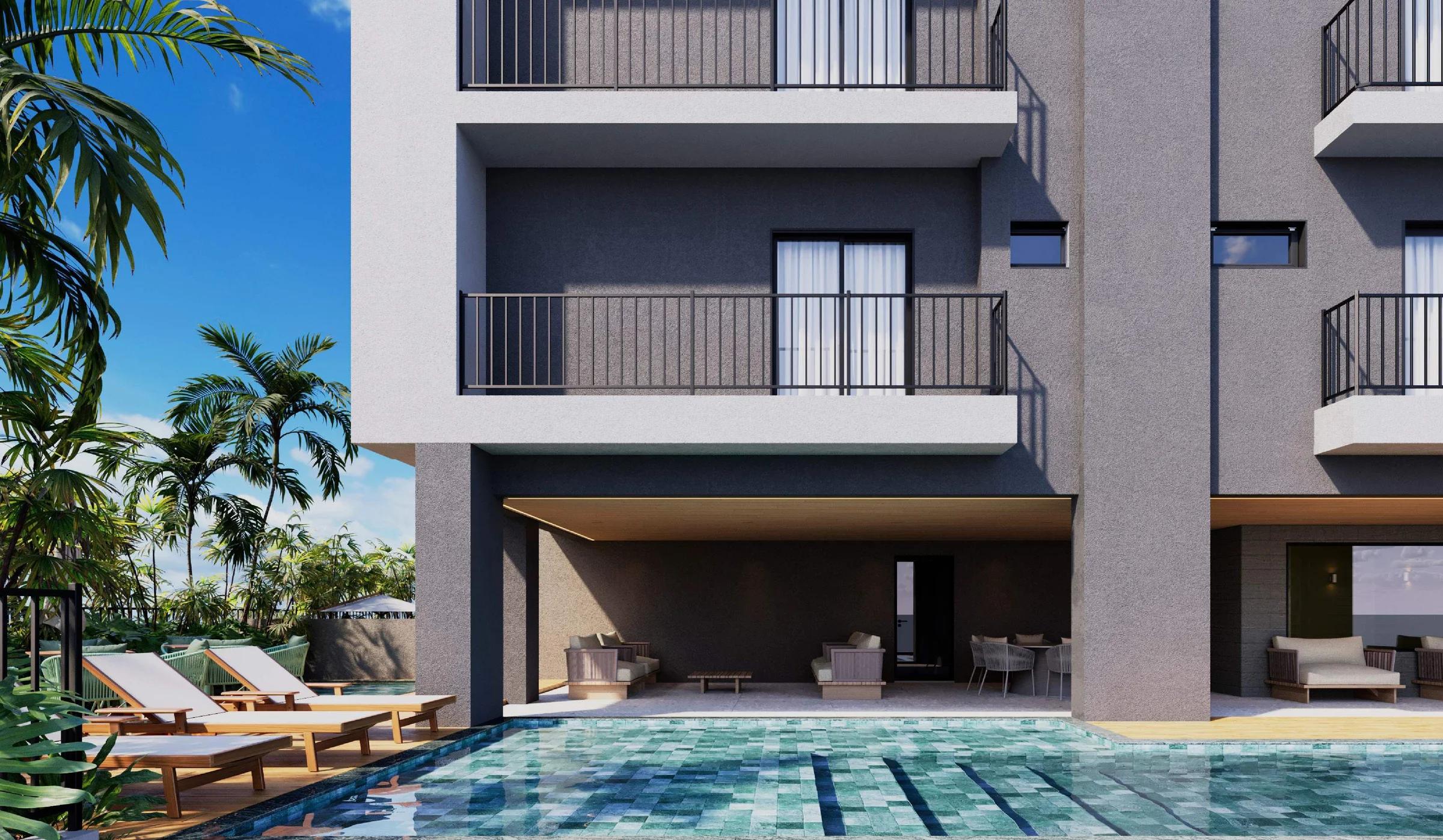 Piscina externa com espreguiçadeiras e área lounge coberta no térreo