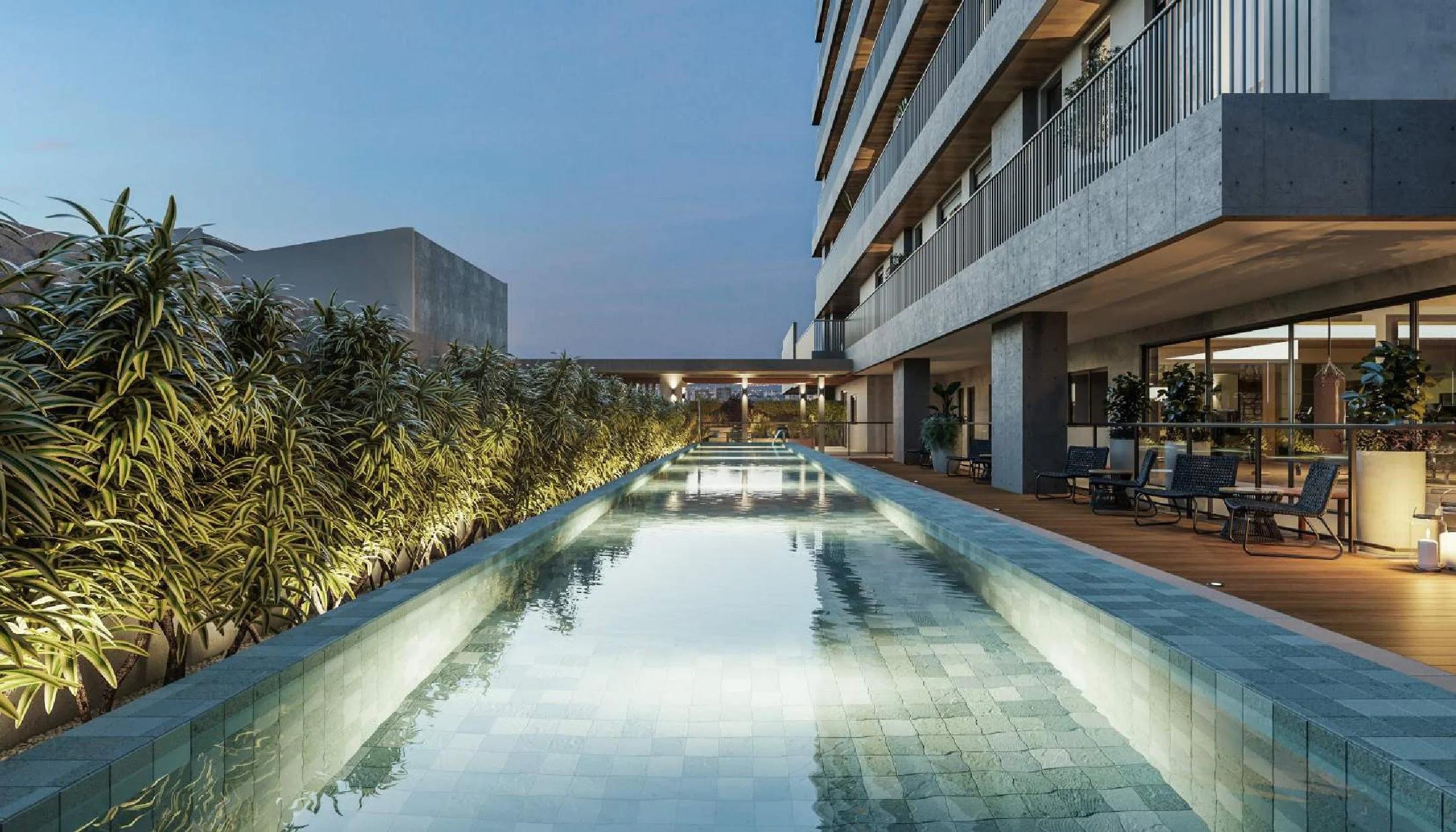 Piscina com raia alongada, deck de madeira e vegetação ornamental nas laterais