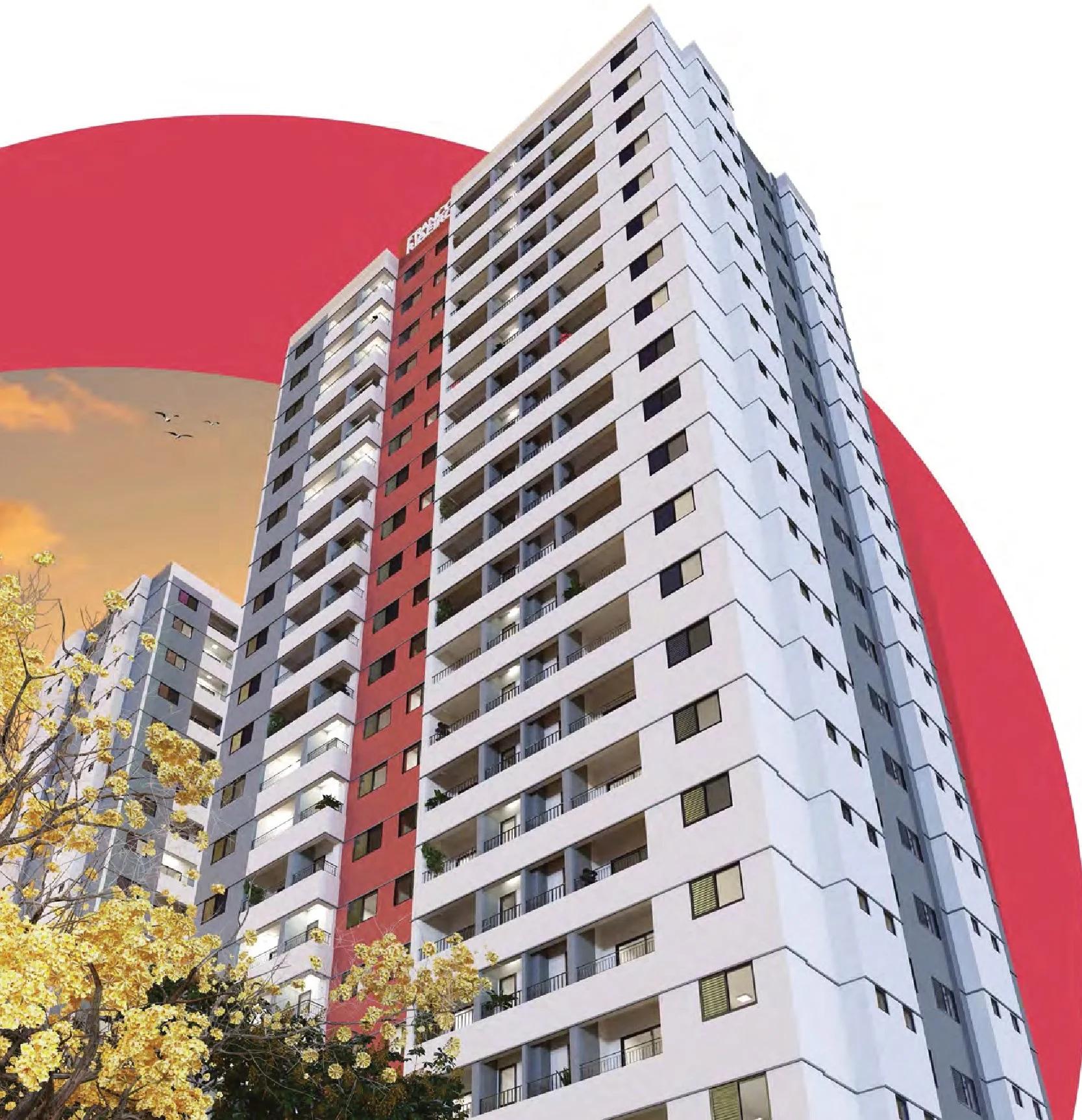 Perspectiva da fachada da torre residencial em ângulo vertical