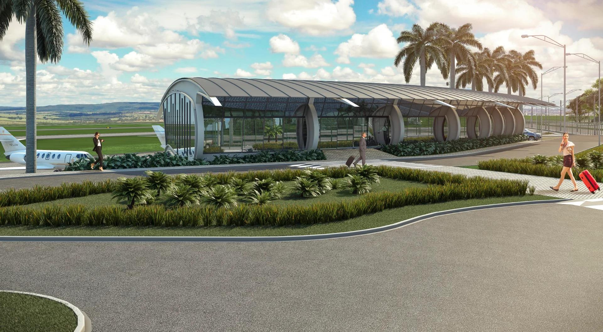 Fachada externa do terminal de passageiros com projeto curvo e áreas verdes no entorno