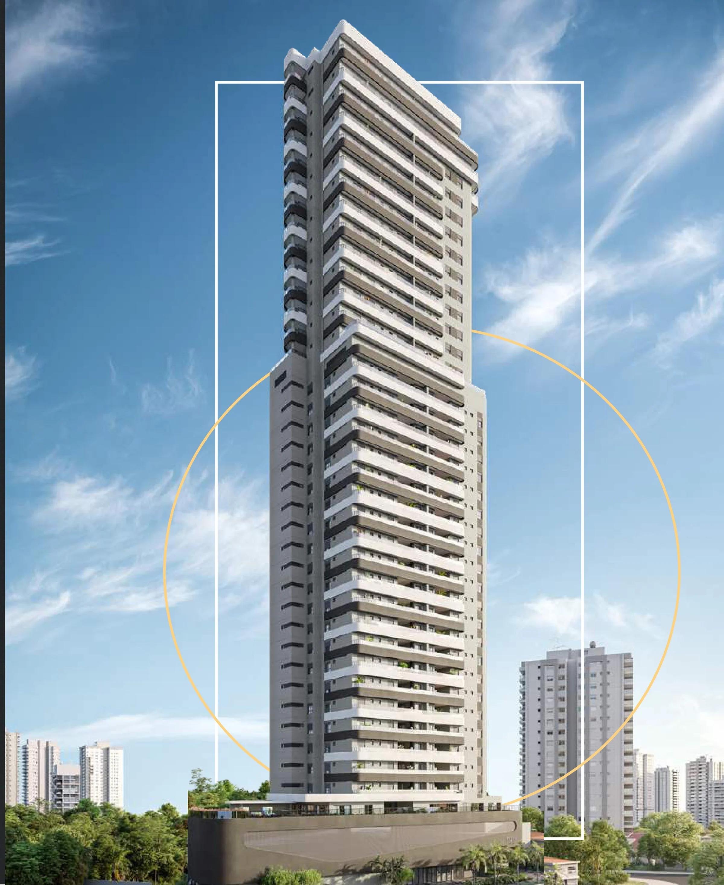 Perspectiva em ângulo da torre residencial com terraços curvilíneos e base com paisagismo