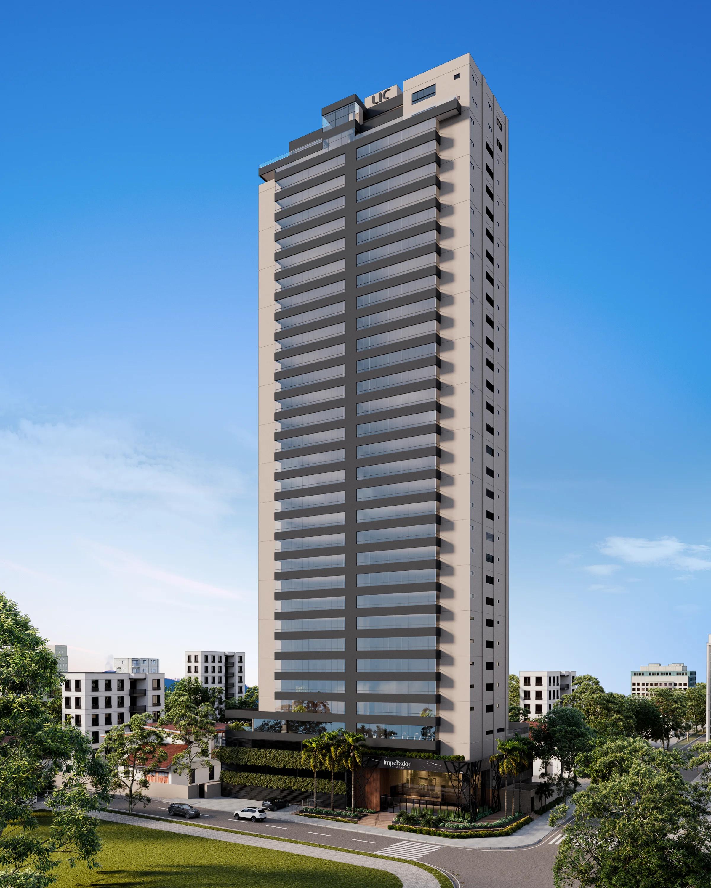 Perspectiva 3D da fachada do edifício residencial ao entardecer