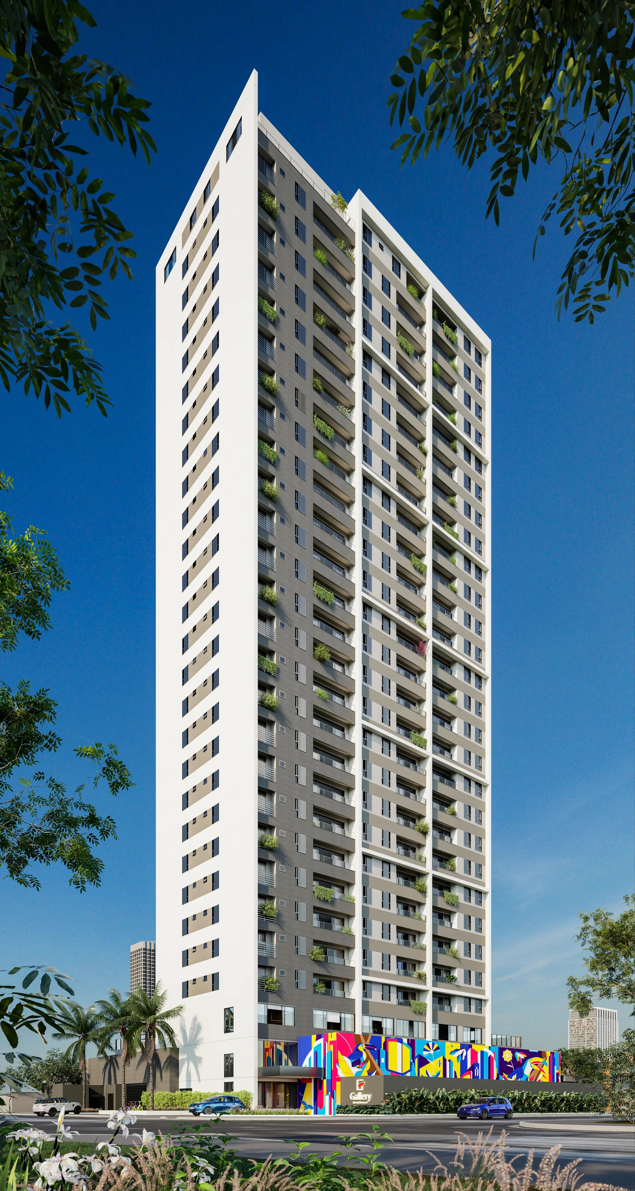 Fachada completa da torre residencial em perspectiva 3D ao entardecer