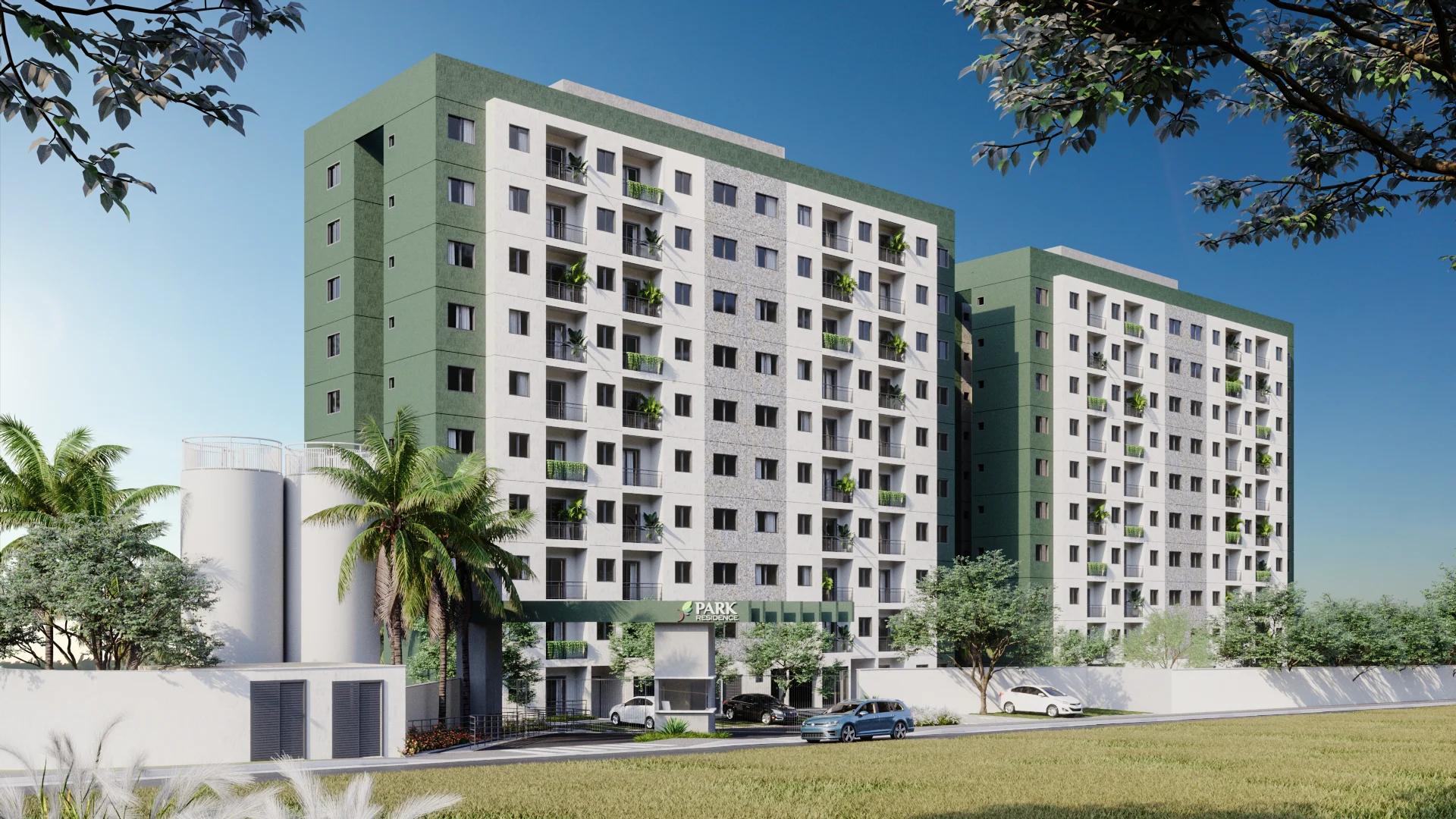 Perspectiva da fachada dos blocos residenciais e portaria de acesso