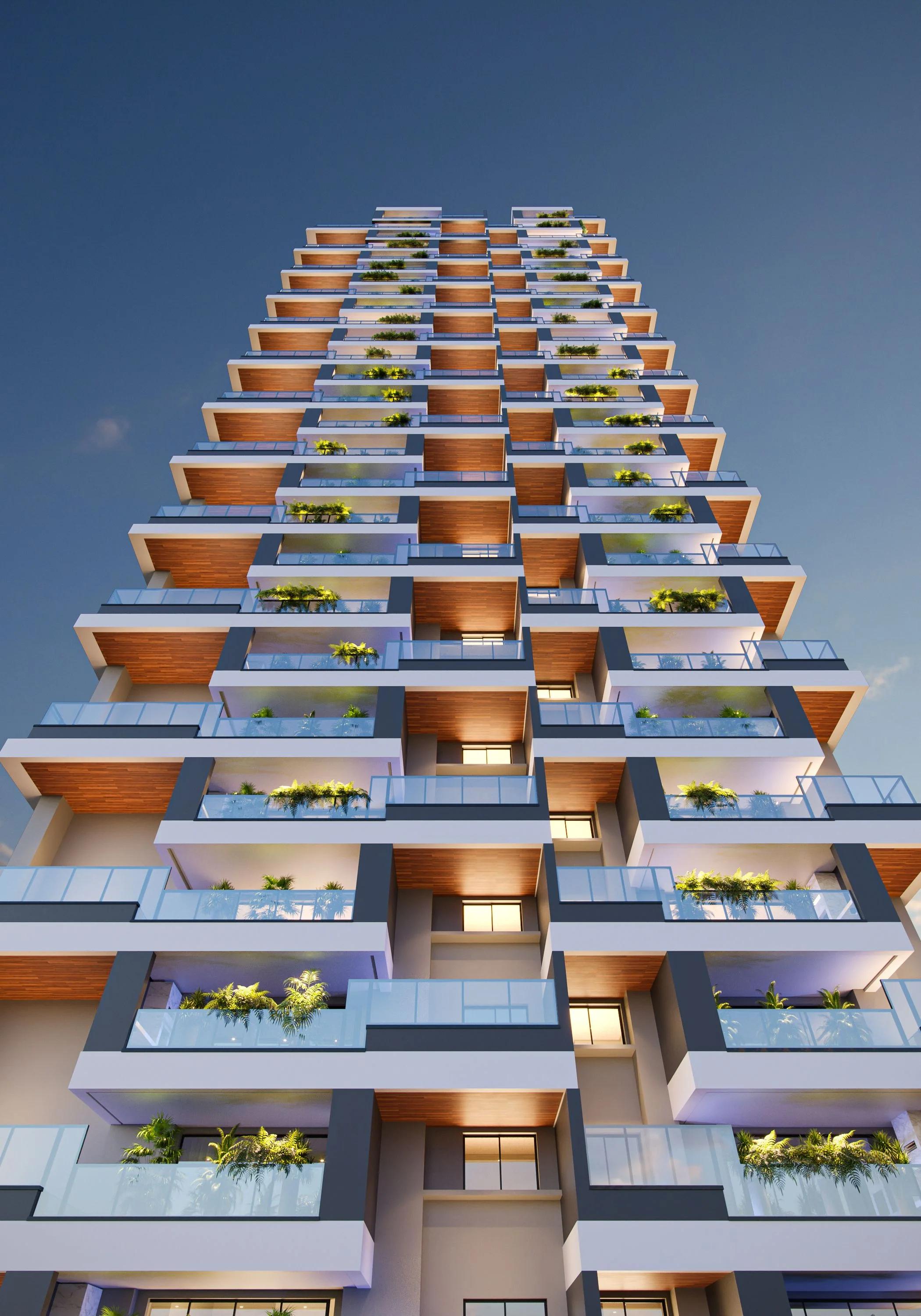 Fachada completa do edifício vista em perspectiva de baixo para cima
