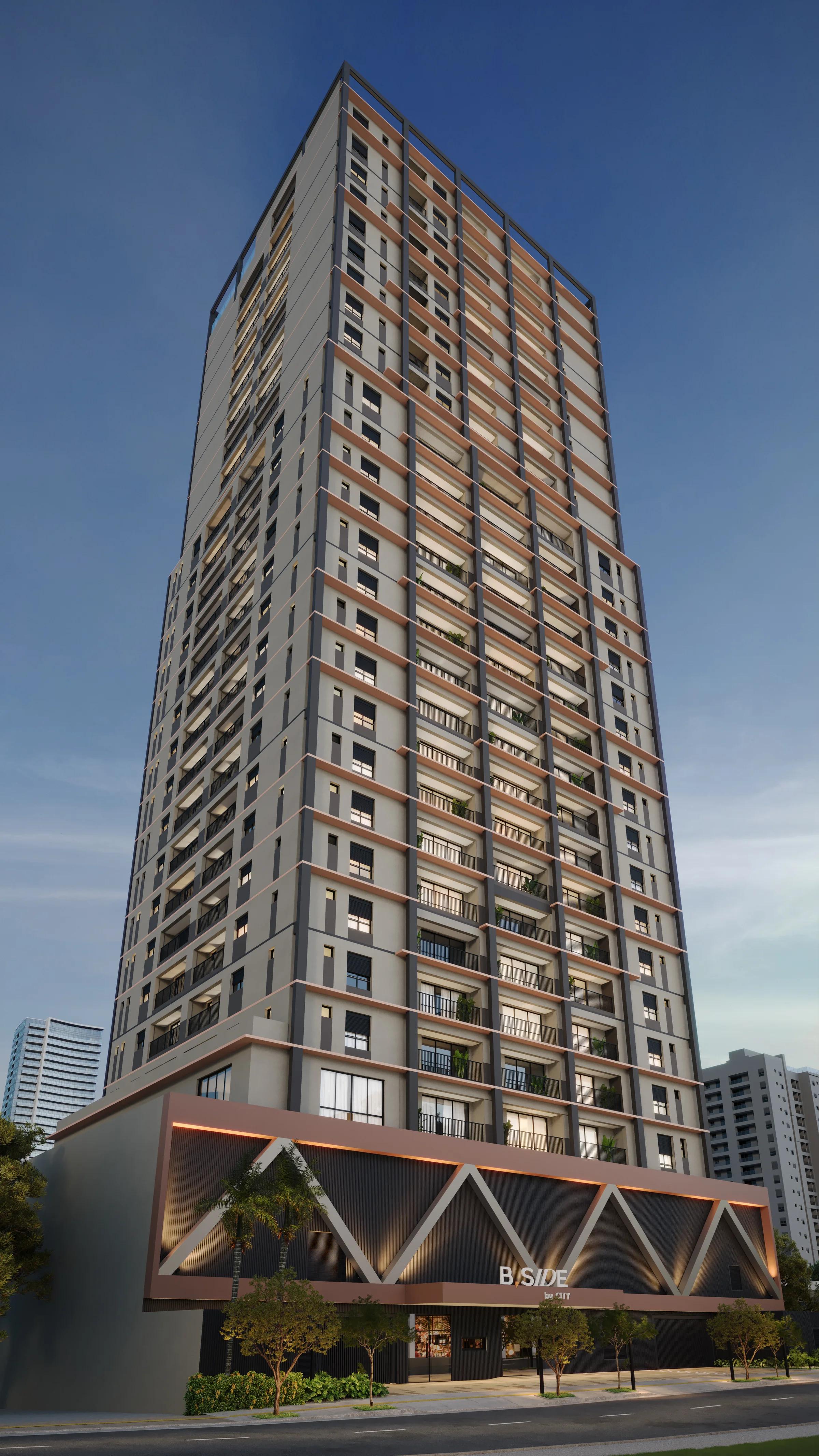 Perspectiva da fachada completa do edifício com iluminação ao entardecer