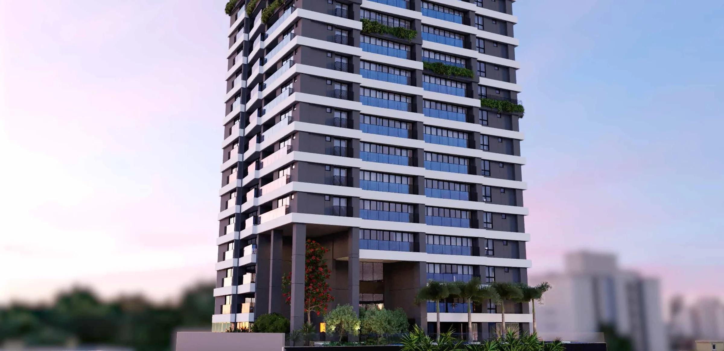 Opus Gyro Vaca Brava Design - fachada inteira da torre, ao entardecer