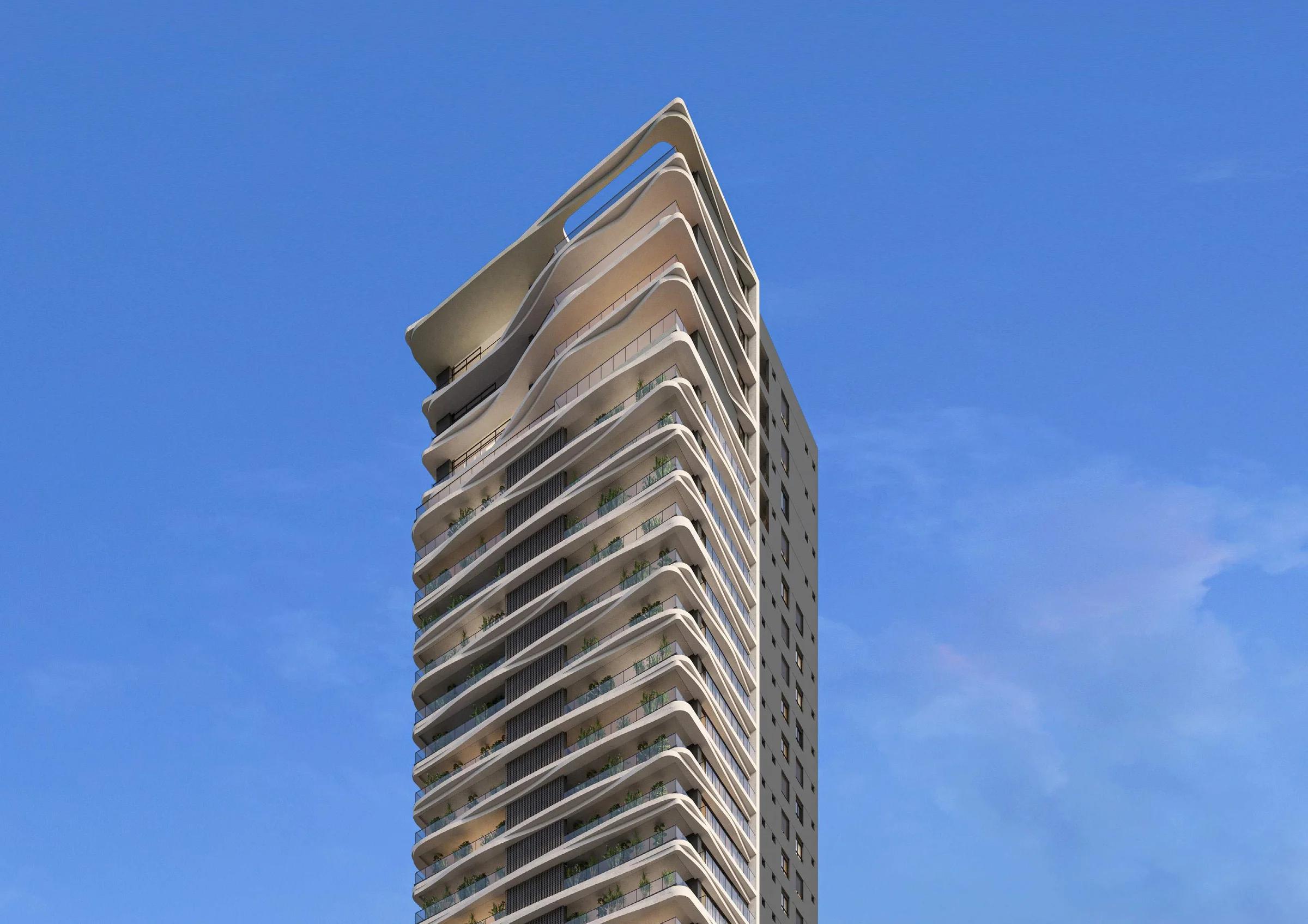 Opus Sense - fachada/torre em render, cobertura curva, céu azul
