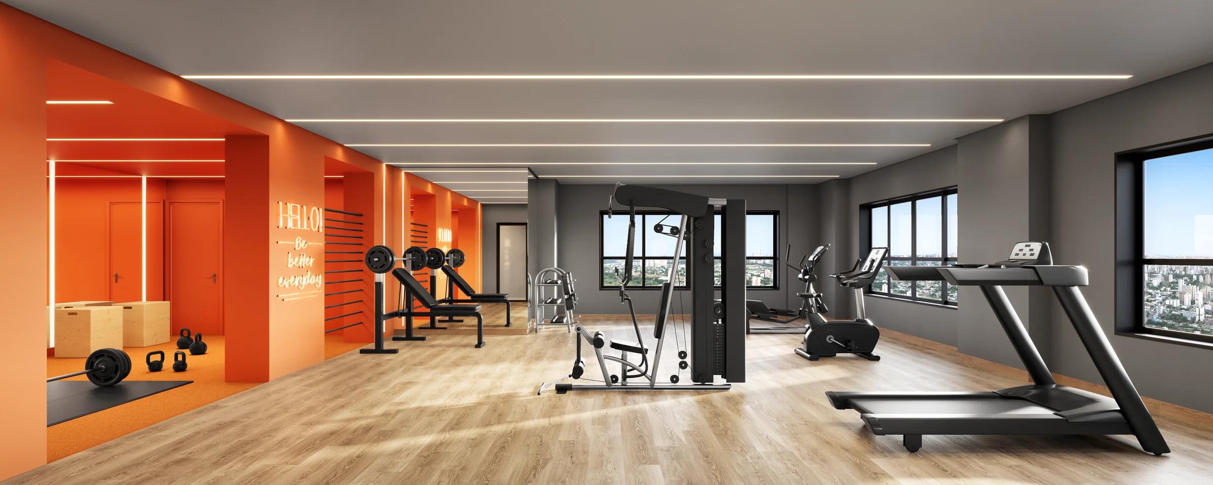 Perspectiva da academia com equipamentos de exercício