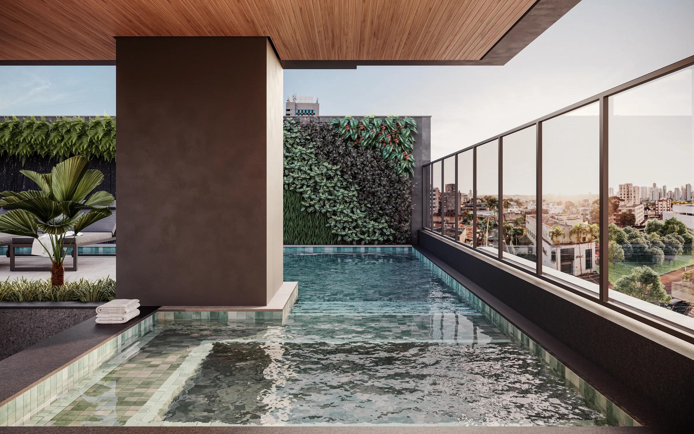 Piscina com hidromassagem e vista panorâmica para o horizonte da cidade