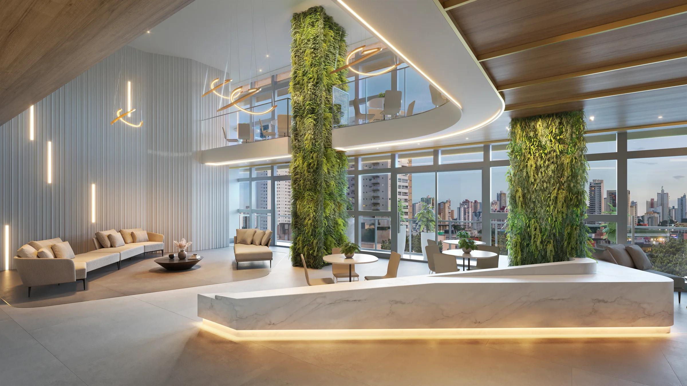 Lounge corporativo com pé-direito duplo, colunas verdes e vista panorâmica