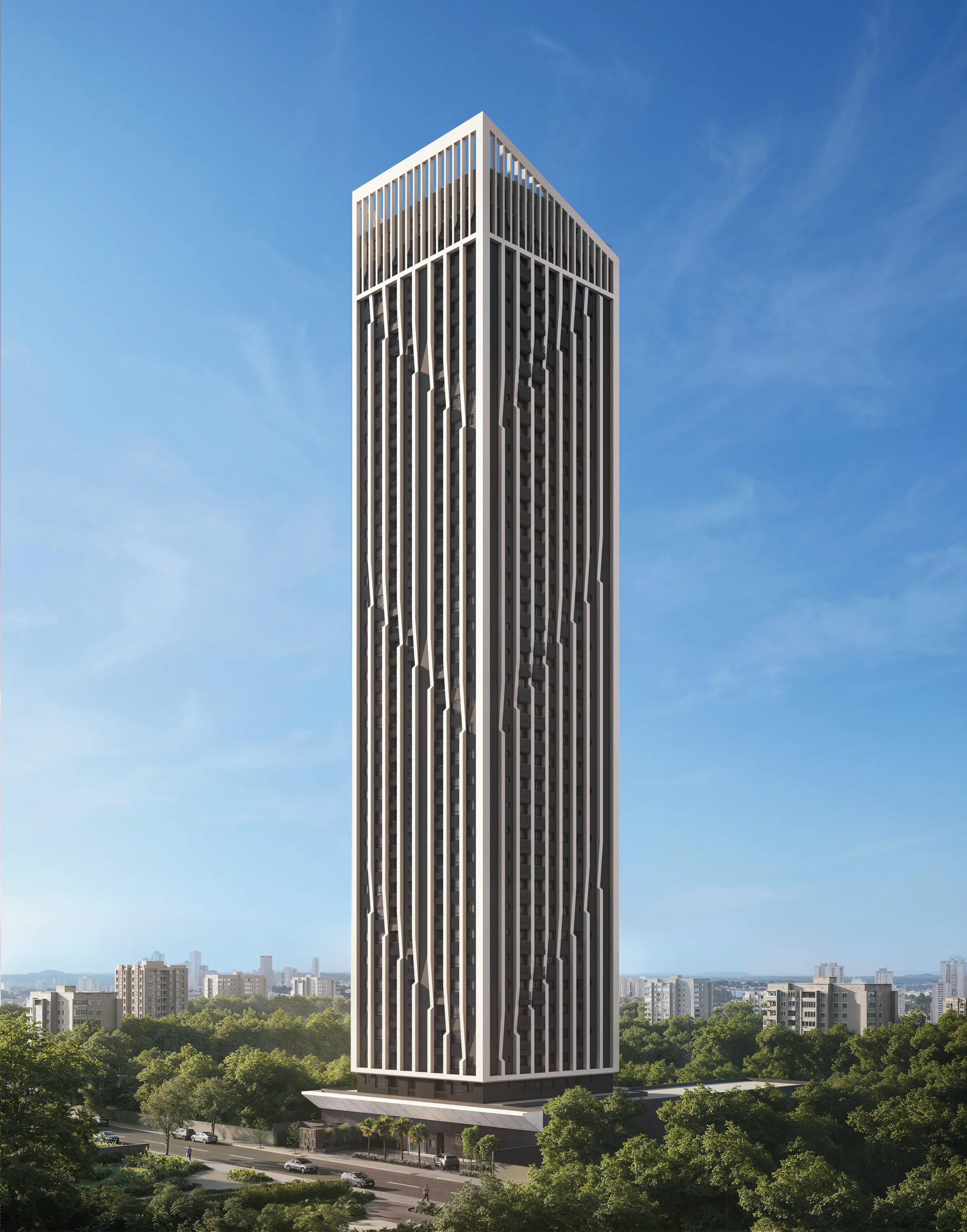 Fachada frontal da torre residencial em ângulo vertical e iluminação diurna