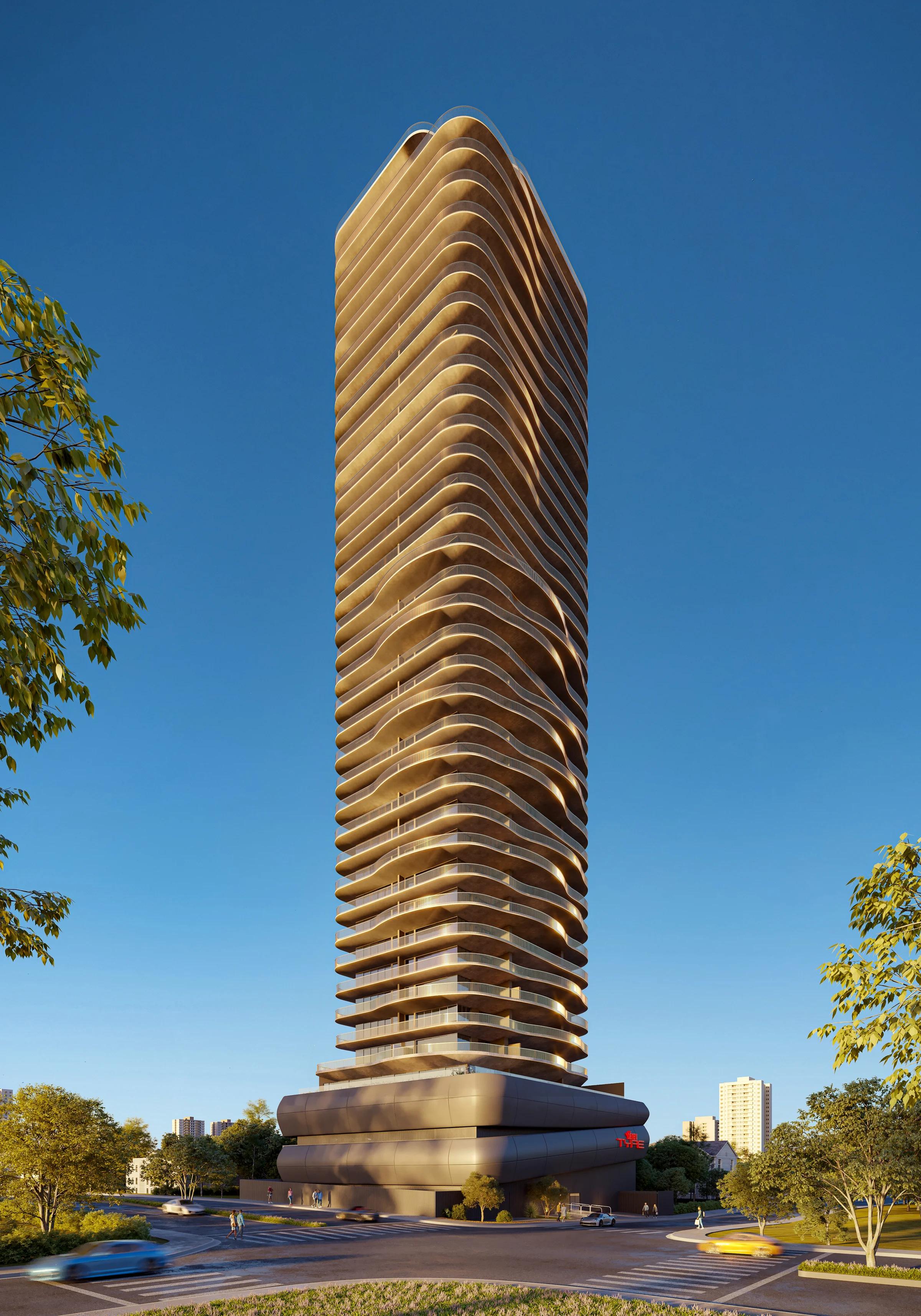 Perspectiva 3D da fachada do edifício em ângulo completo diurno
