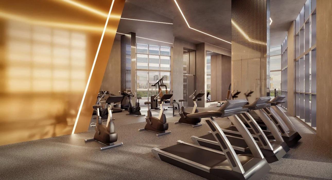 Perspectiva da academia equipada com esteiras, bicicletas ergométricas e vista panorâmica