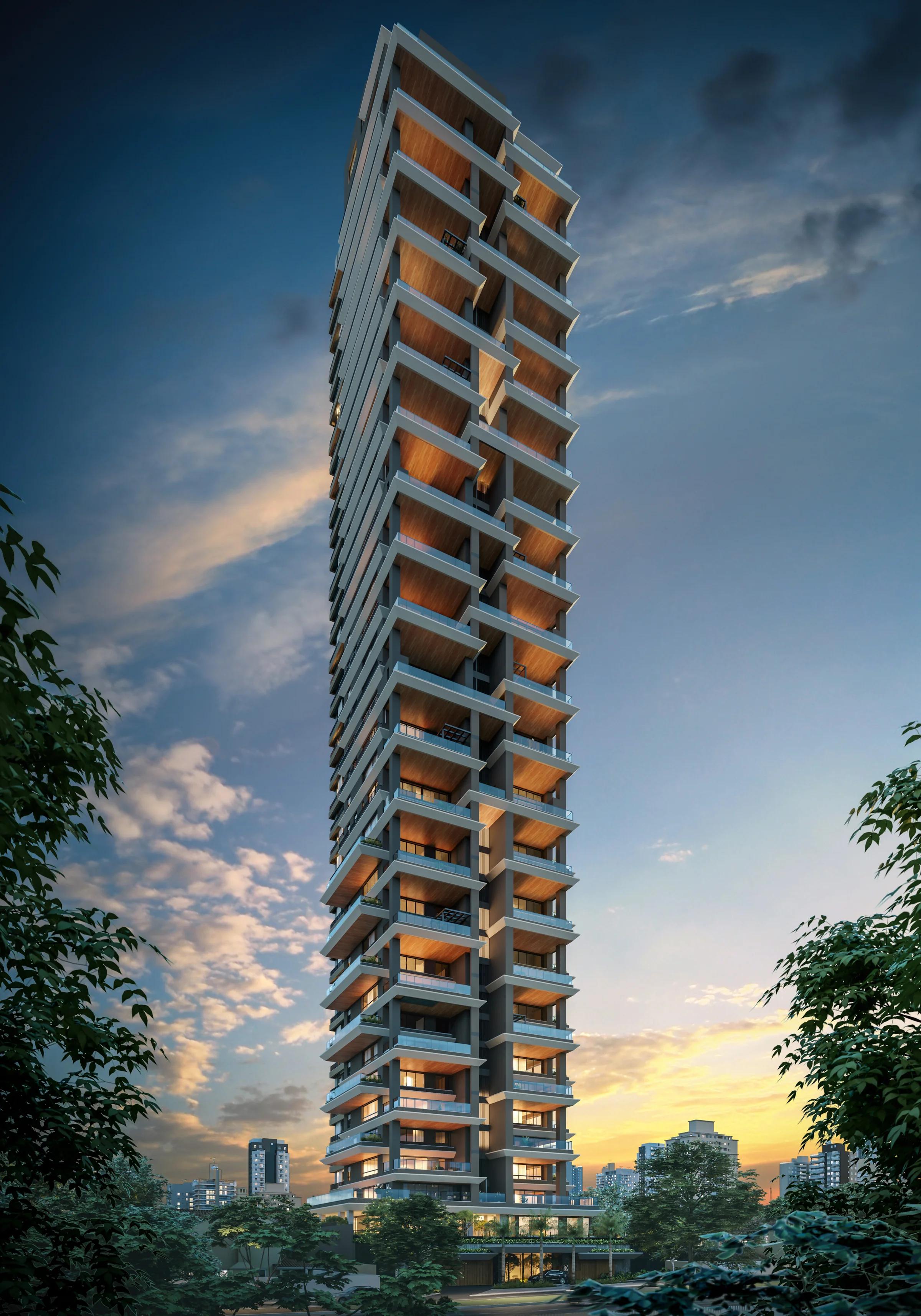Fachada do edifício residencial em ângulo ascendente destacando as varandas e iluminação no entardecer