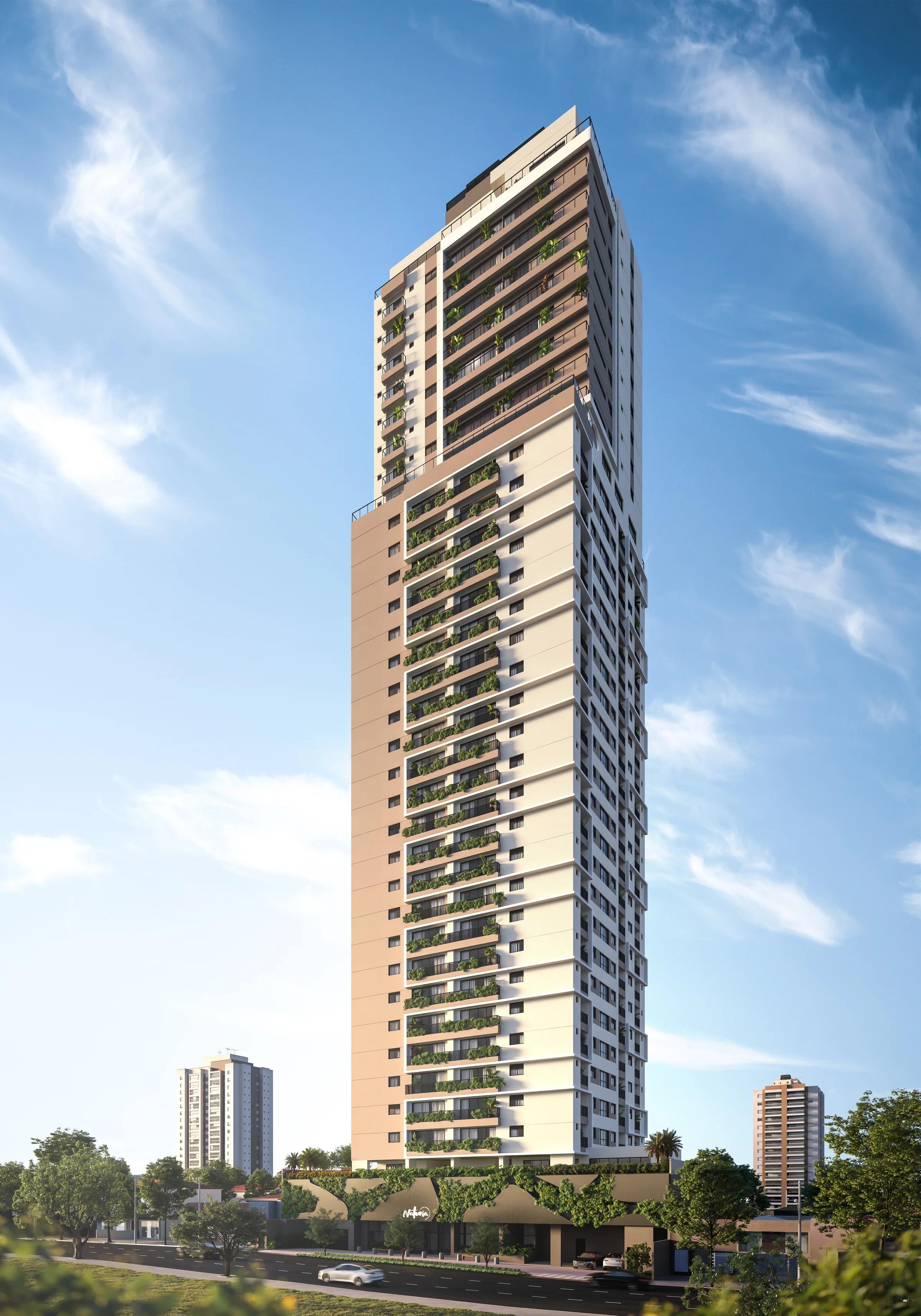 Perspectiva diurna da fachada da torre residencial