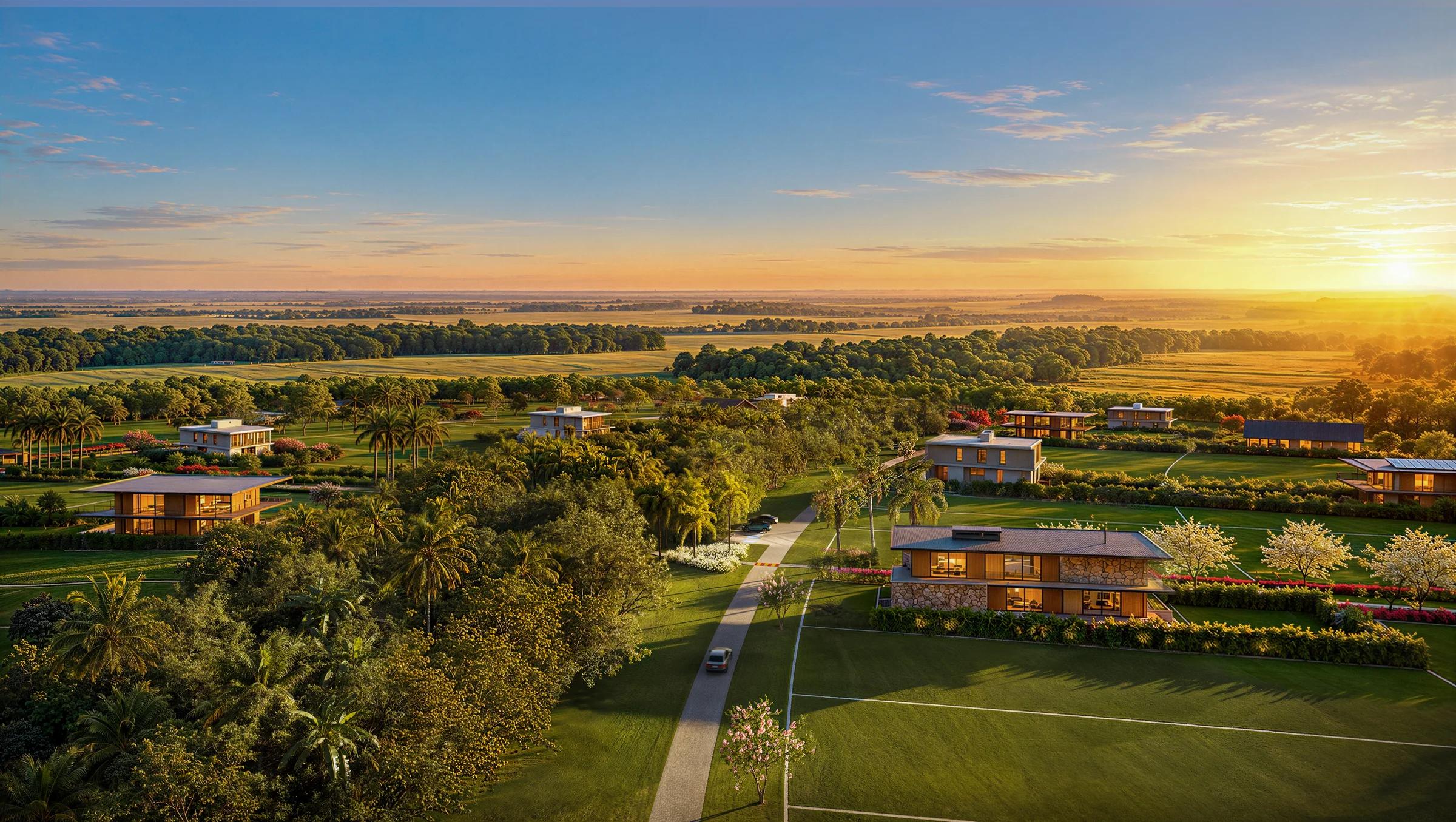 Vista aérea das casas contemporâneas e lotes integrados à natureza ao pôr do sol