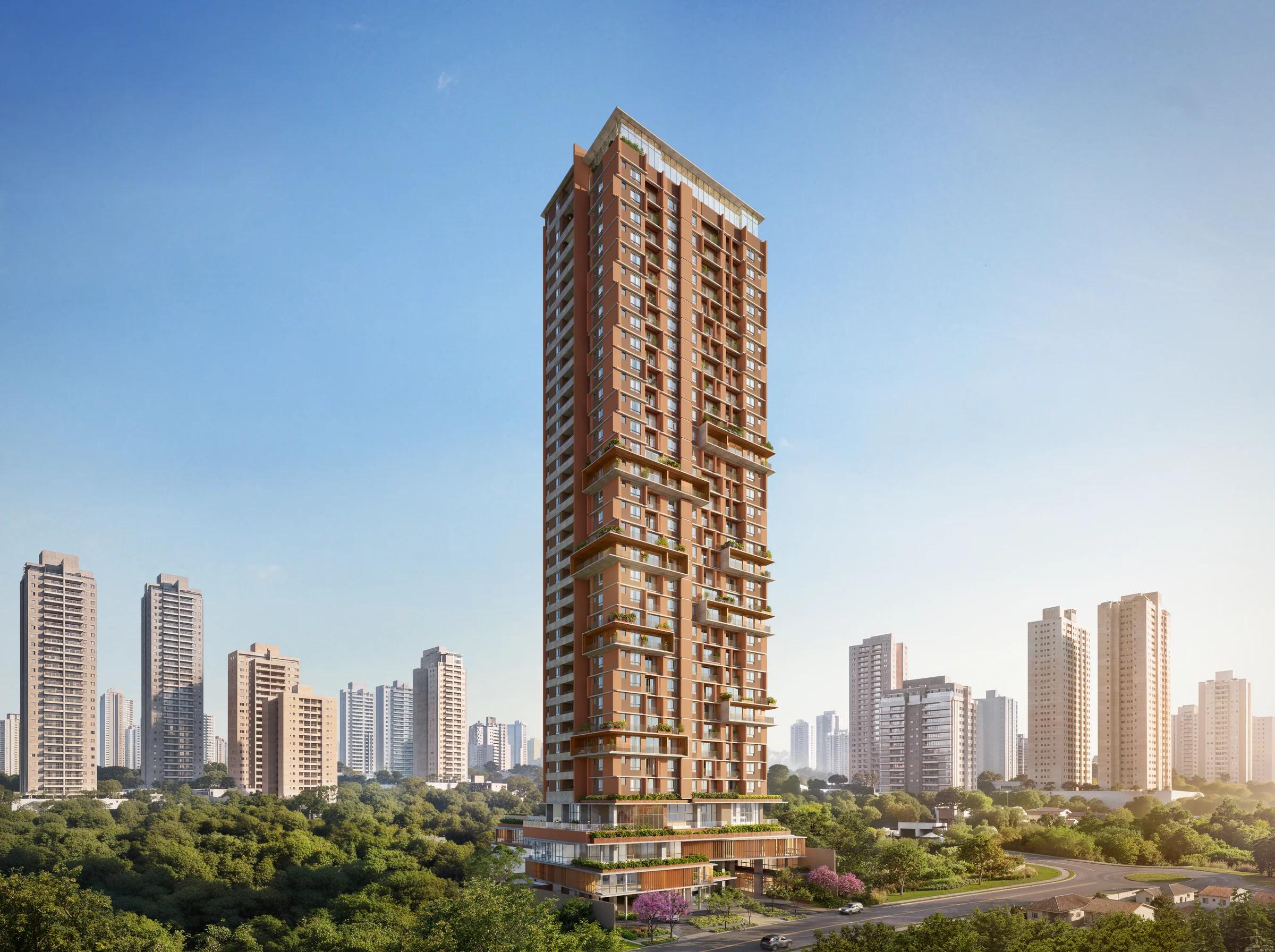 Torre residencial completa em meio à paisagem urbana e áreas verdes.