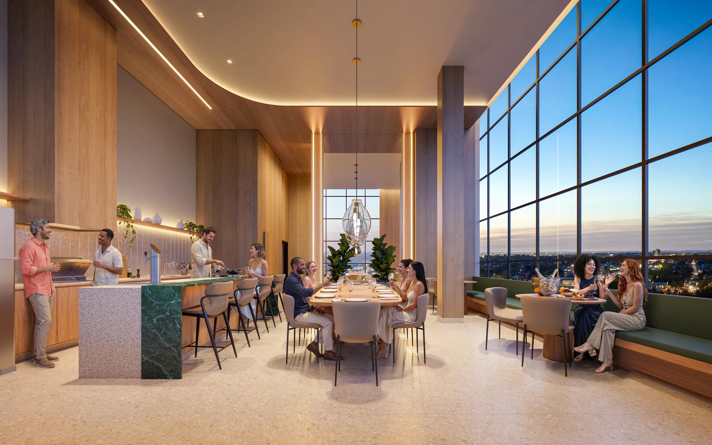 Espaço gourmet no rooftop com pé-direito duplo e vista panorâmica para o horizonte