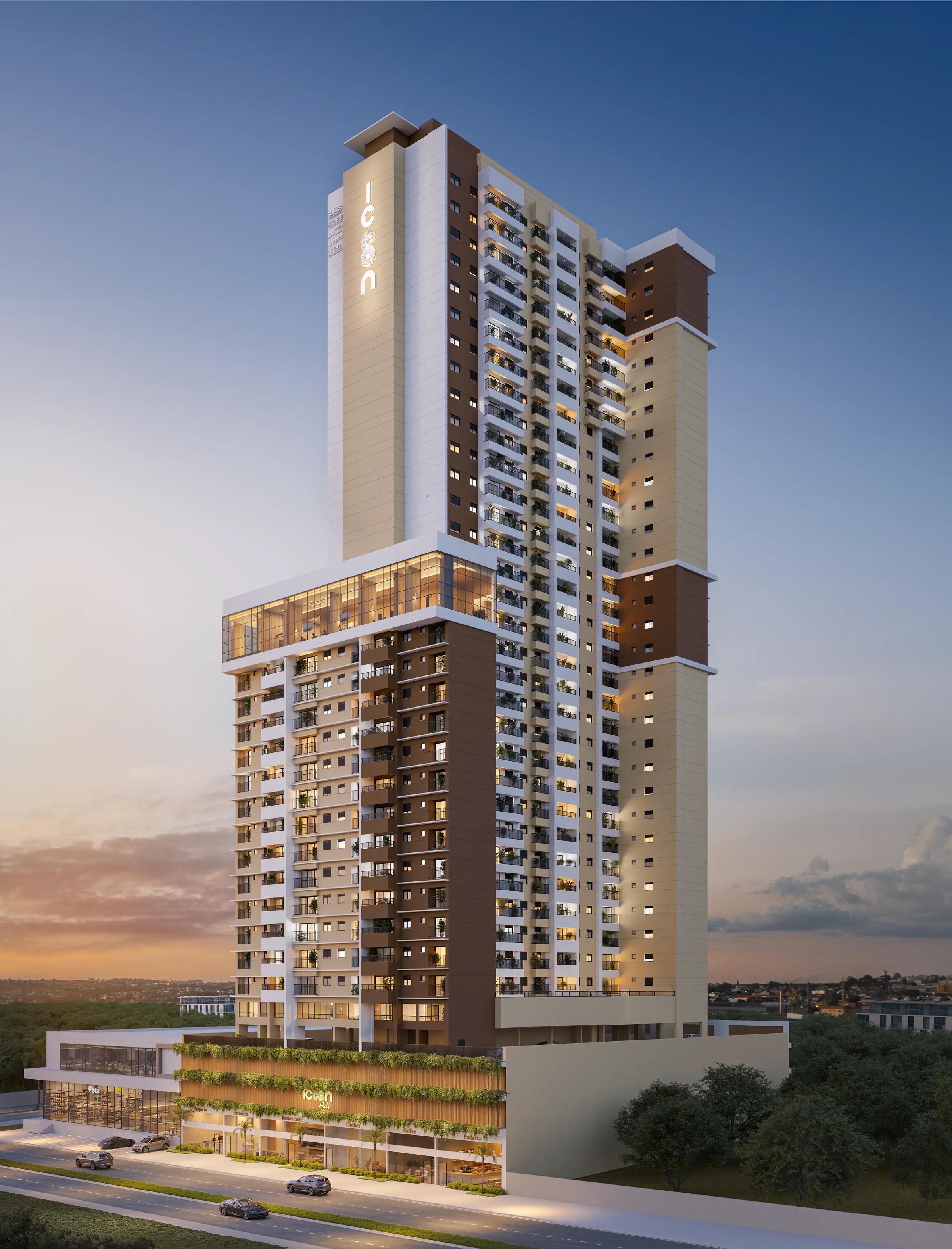 Perspectiva vertical da torre residencial destacando o rooftop envidraçado e o embasamento