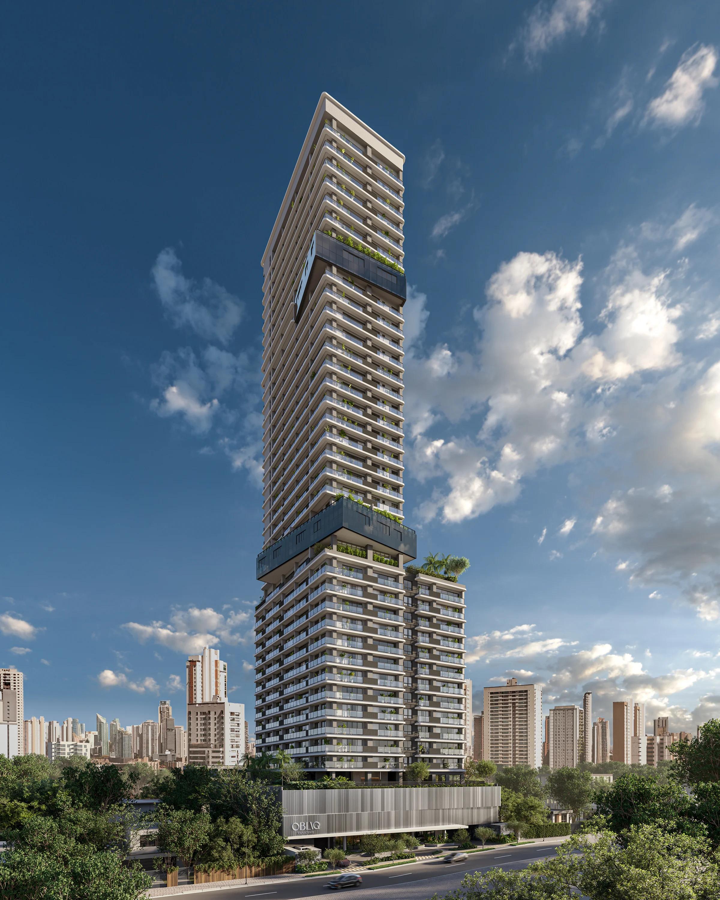 Fachada completa da torre residencial com design contemporâneo e volumetria destacada