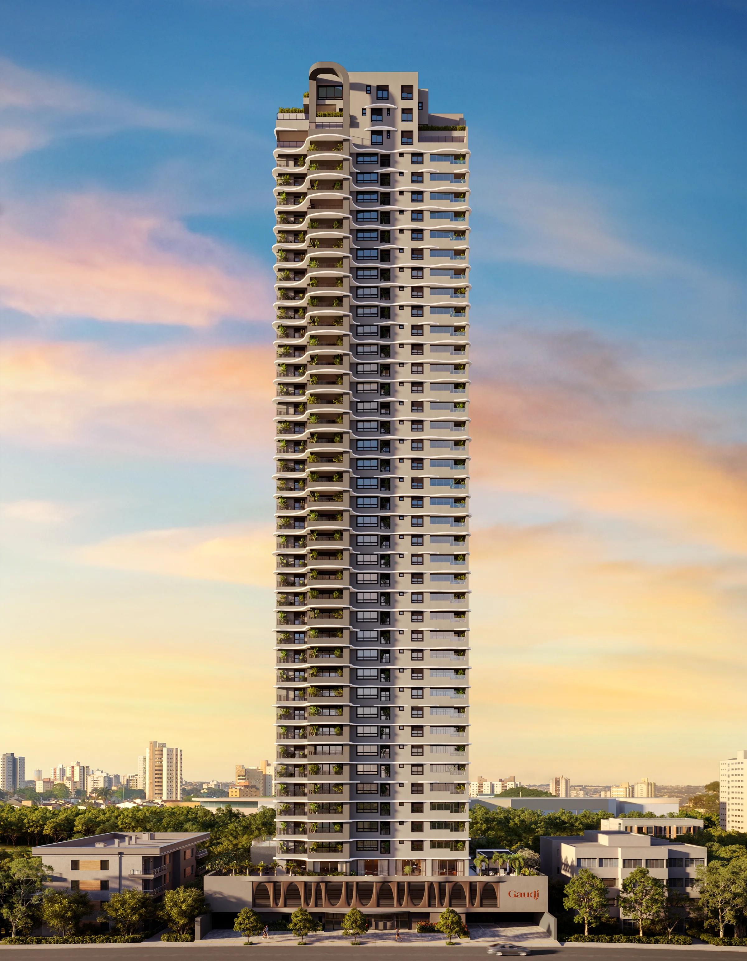 Fachada frontal da torre residencial com arquitetura curvilínea ao entardecer