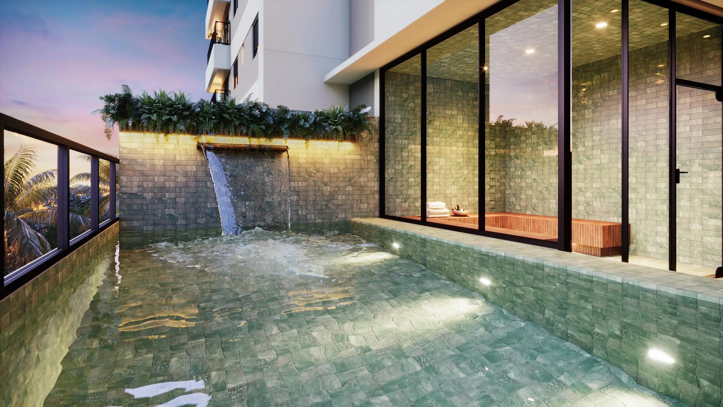 Perspectiva da piscina com borda e parede d'água junto à fachada envidraçada