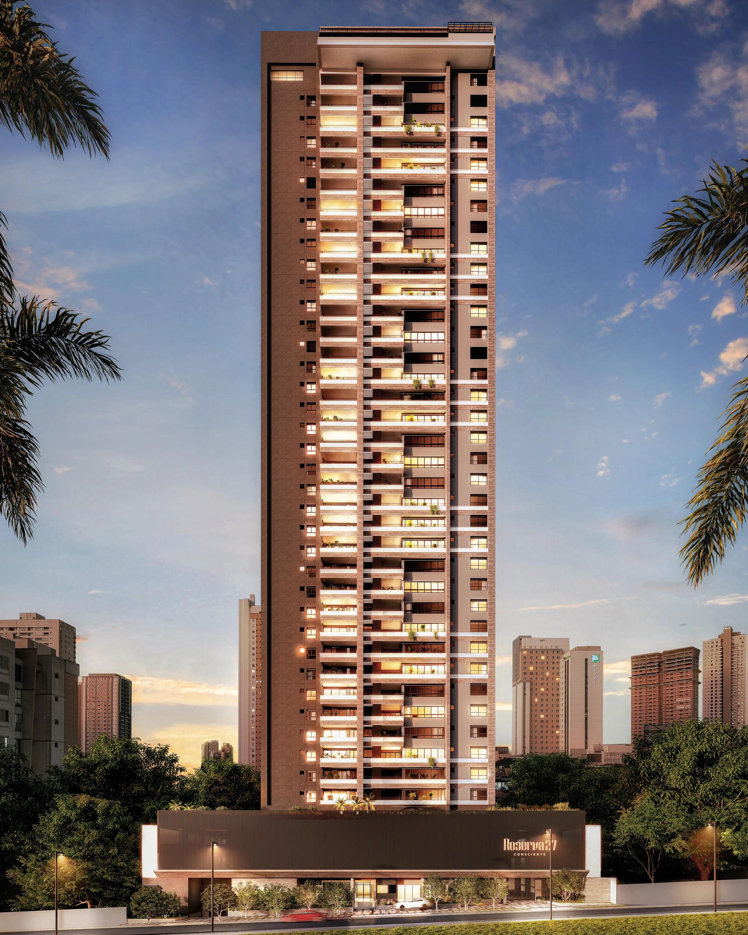 Fachada completa do edifício residencial ao entardecer com iluminação cênica